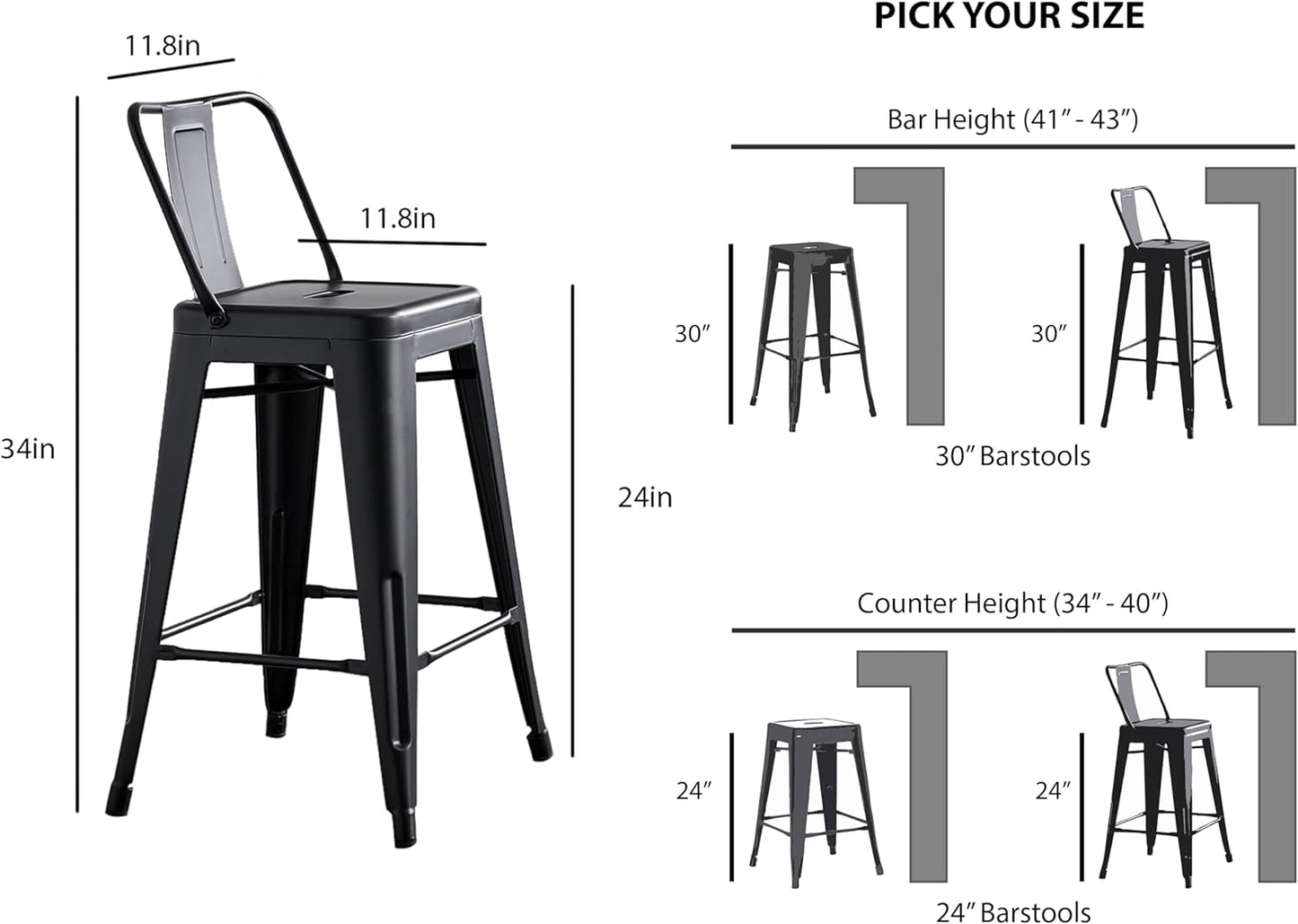 AC Pacific Modern 24” Metal Barstool Set of 2 – Country Rustic Style with Low Back, Lightweight & Sturdy Build, Easy Assembly, Matte Black