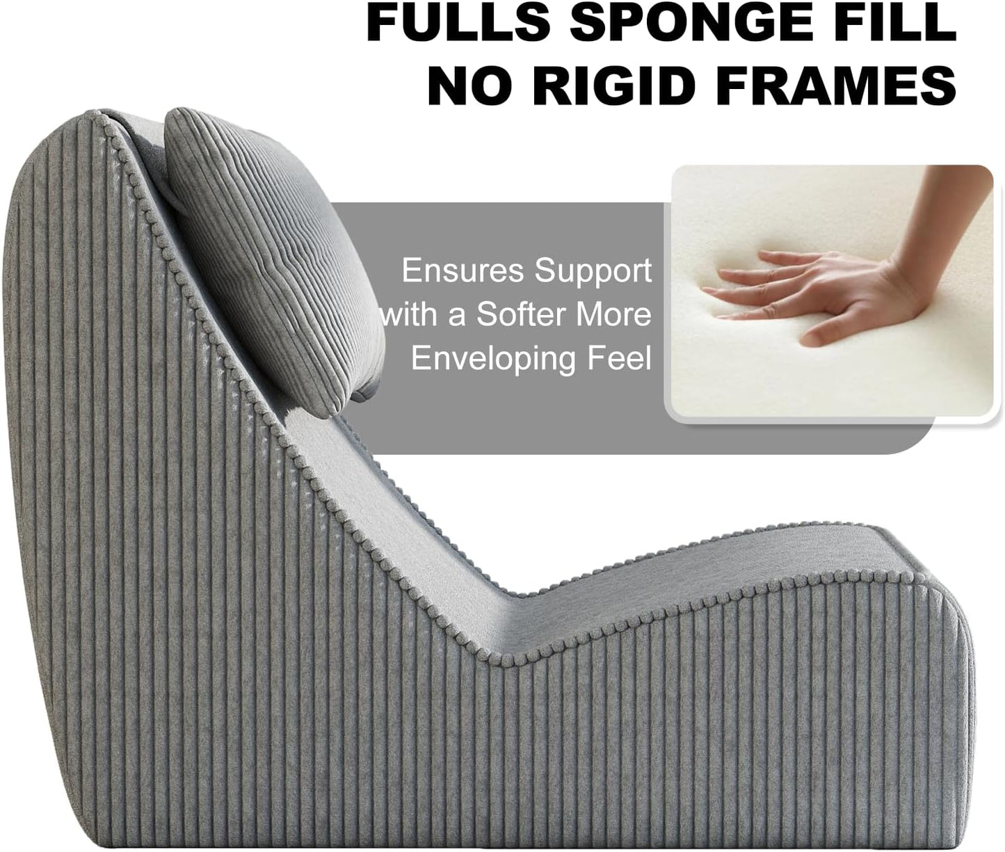 Giant Bean Bag Chair for Adults,Corduroy Chaise Lounge with Unrivaled Back Support, Detachable Neck Pillow, Comfortable Ottoman & Washable Cover for Living Room, Bedroom, Garden (Grey)