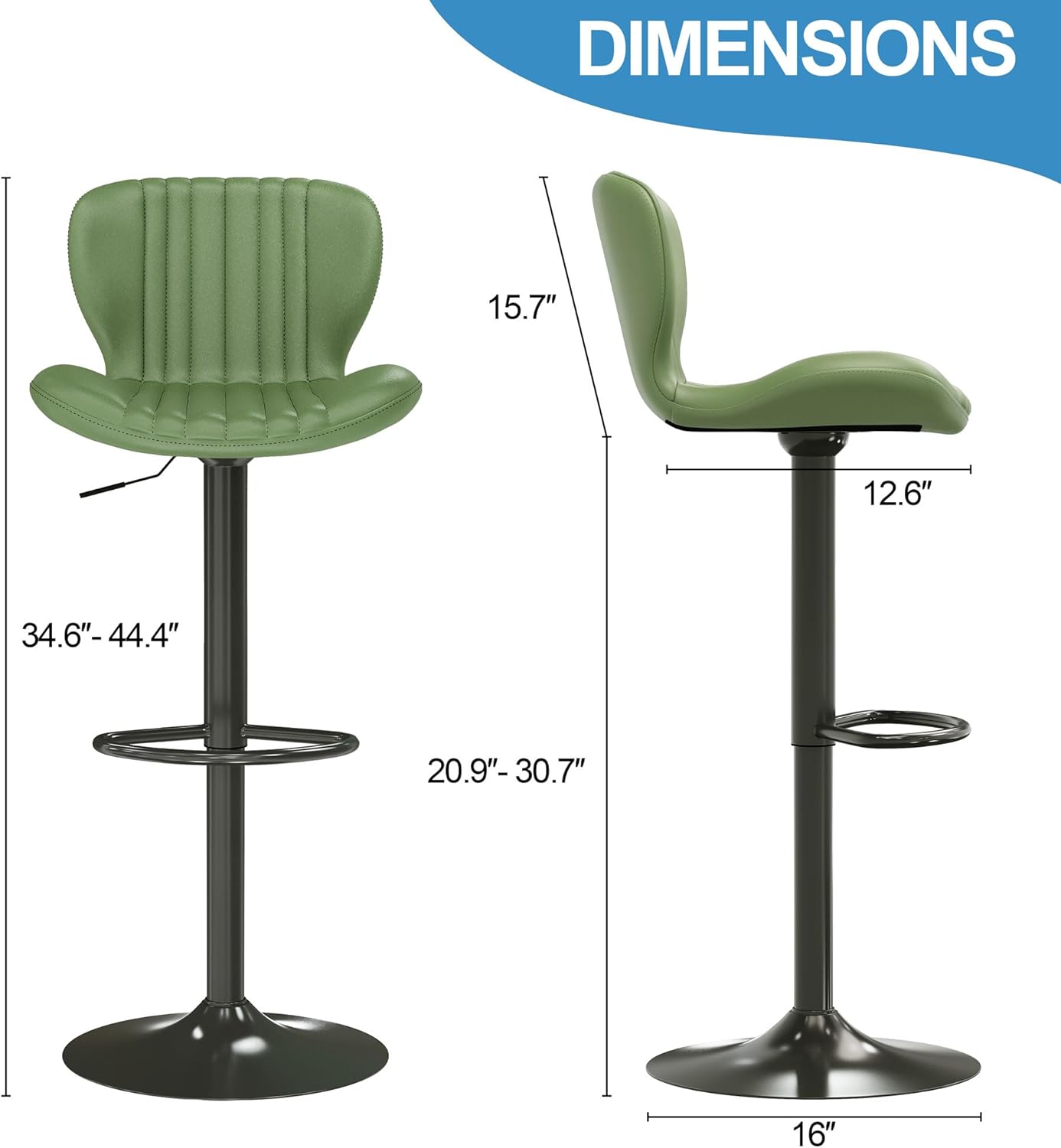 Shintenchi Bar Stools Set of 2 Modern Swivel Bar Chairs, Counter Height Faux Leather Metal Barstools, Upholstered Island Chairs with Back and Footrest, Green