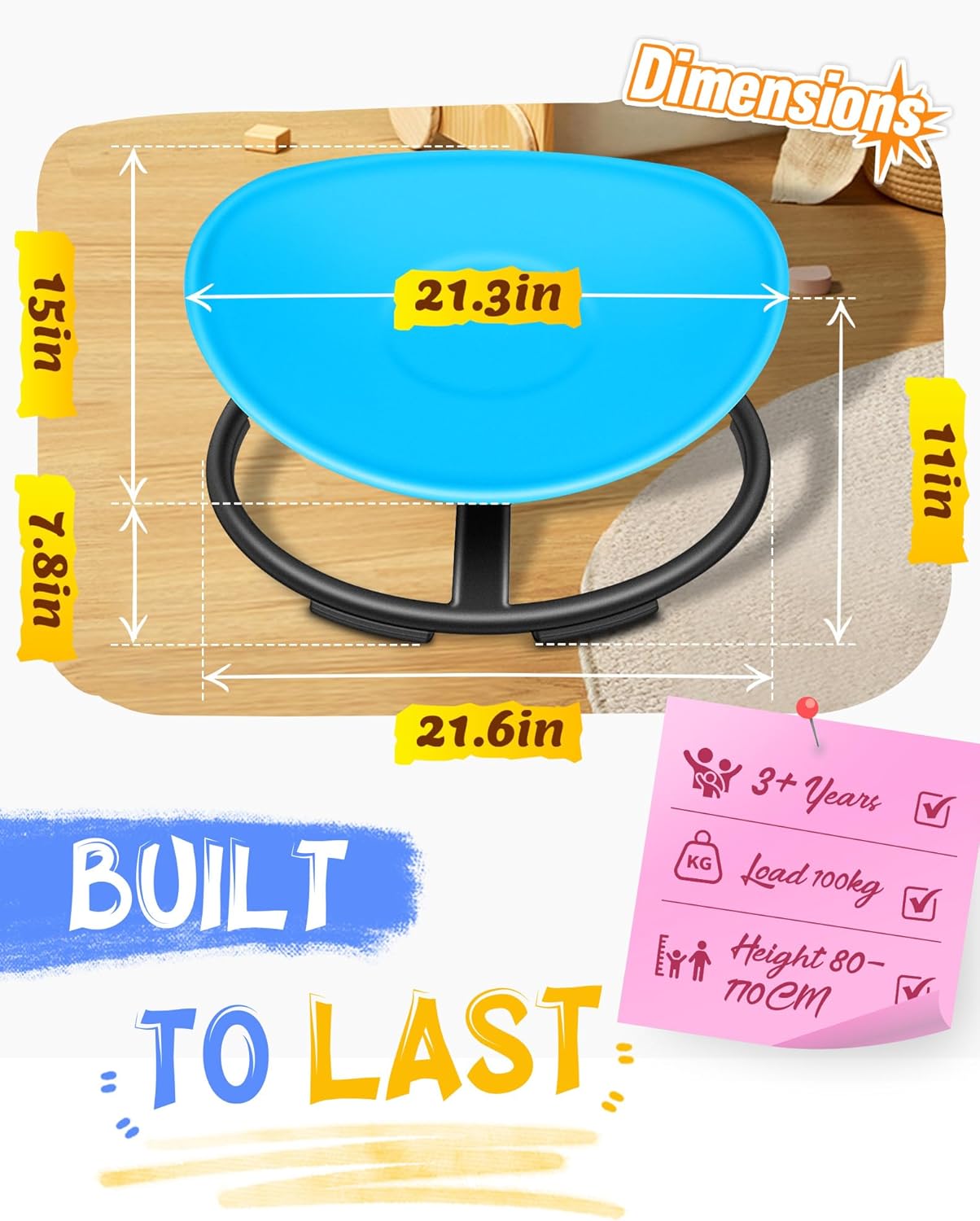 Spinning Chair for Autistic Kids, Sensory Swivel Chair, 220LBS Weight Capacity, Sensory Toy for Children with ADHD/Autism, Training Body Coordination, 3+ Years (Blue)