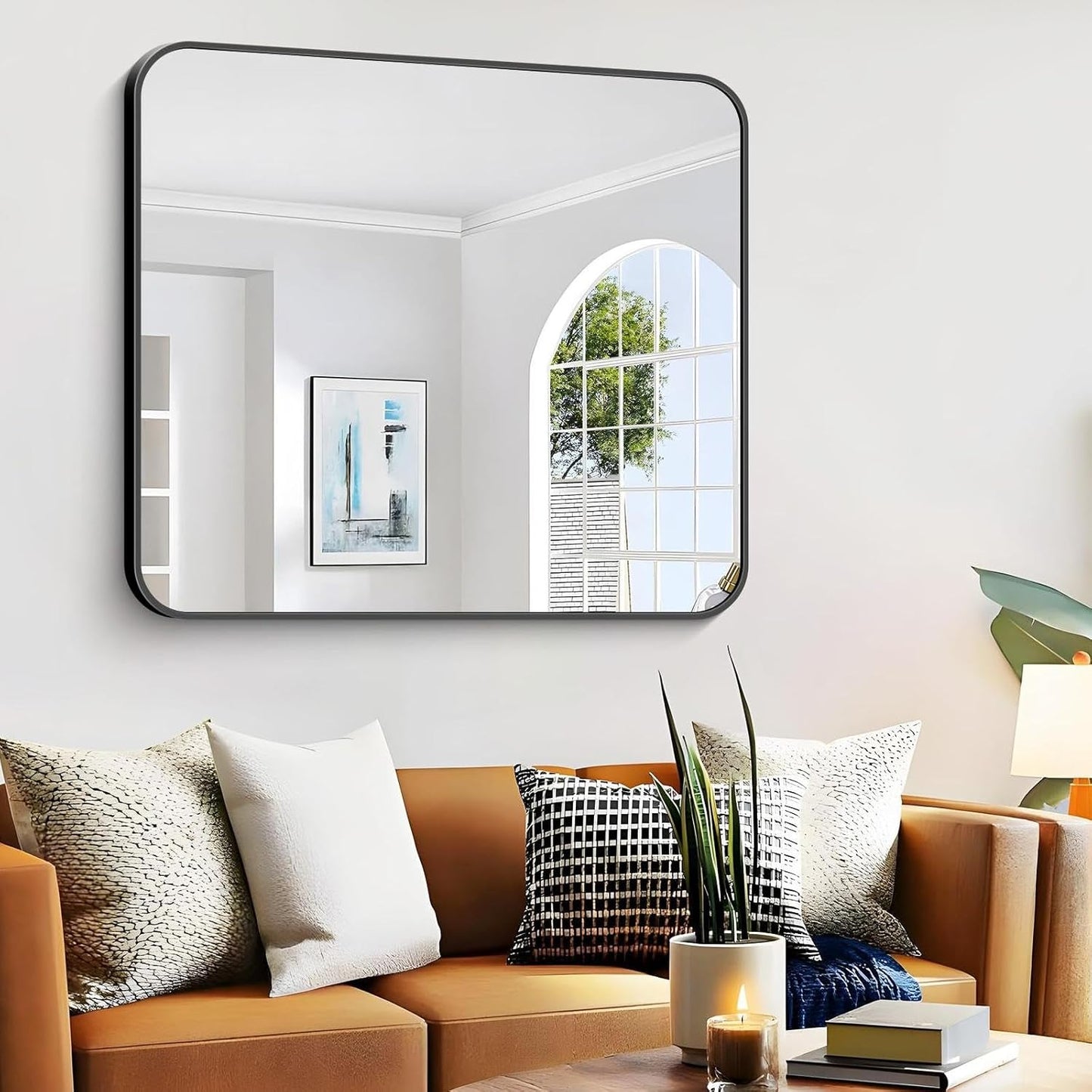 Bathroom Mirror, 48 x 40 inch Black Rectangle Wall Mirror, Metal Frame Rectangular Vanity Mirror, Rounded Corner Wall Mounted Mirror for Modern Bedroom Living Room Hangs Horizontal/Vertical