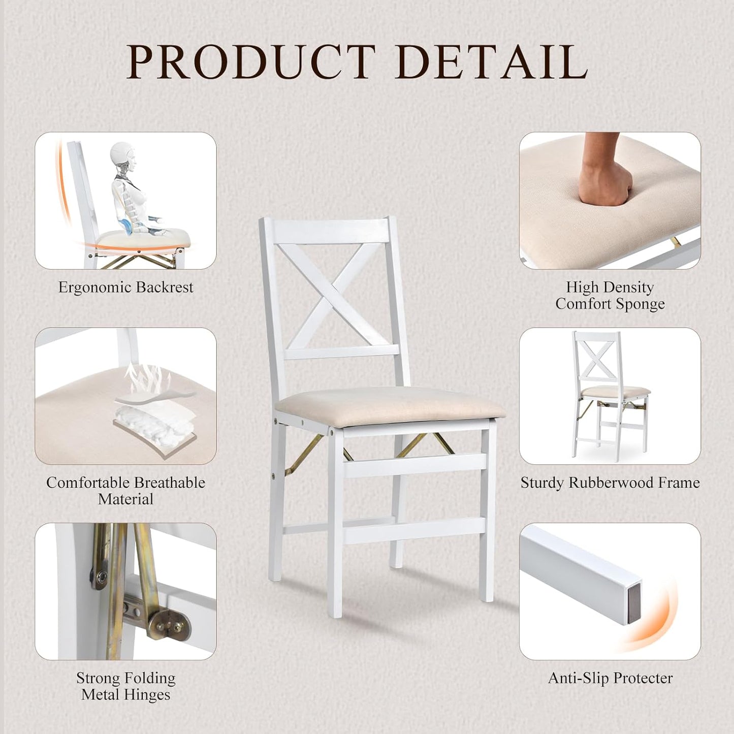 COLAMY Folding Dining Chairs Set of 2 – White Wooden Dining Room Chairs for Small Spaces, Pre-Assembled, Space Saving Kitchen & Dining Room Furniture, Indoor Outdoor Use