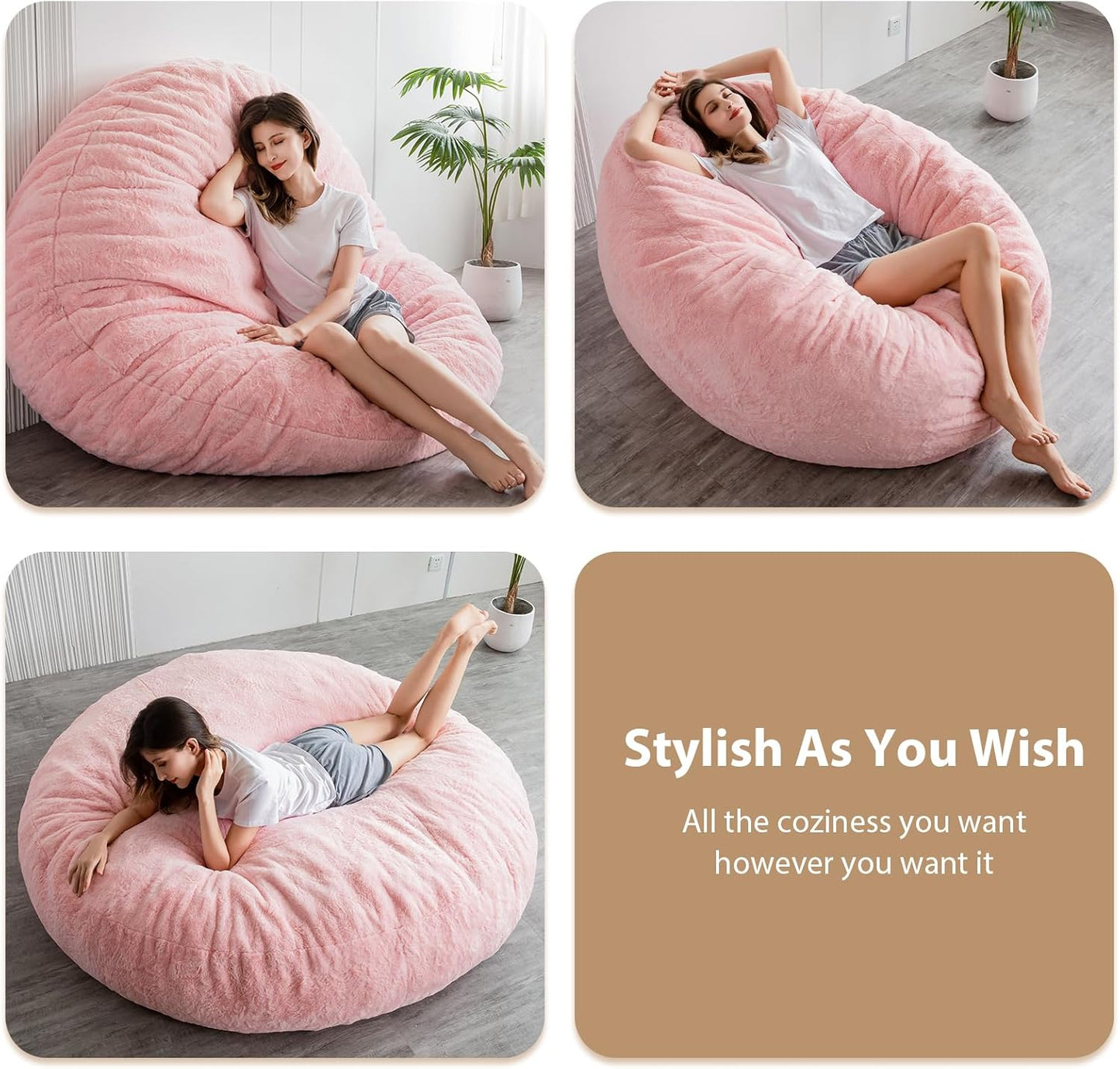 BYBYME 3 in 1 Bean Bag Chair, Convertible Chair Folds from Bean Bag to Lounger, High-Density Foam Filling, Faux Fur Big Sofa Bed, Giant Bean Bag Chair Bed for Adults