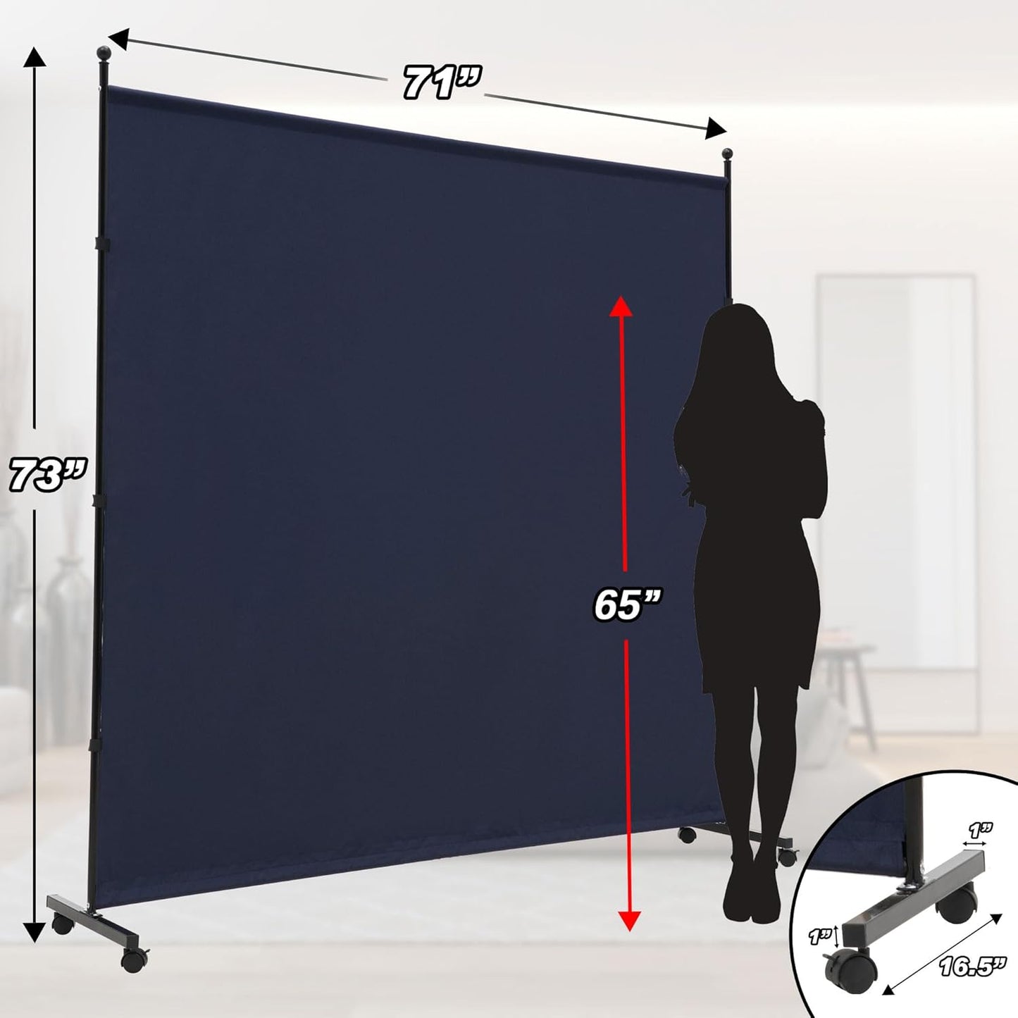 6FT Single Panel Room Divider with Wheels,Rolling Fabric Room Dividers for Partition Privacy Screens,Freestanding Wall Divider for Home Office,Restaurant,Hospital(Blue)