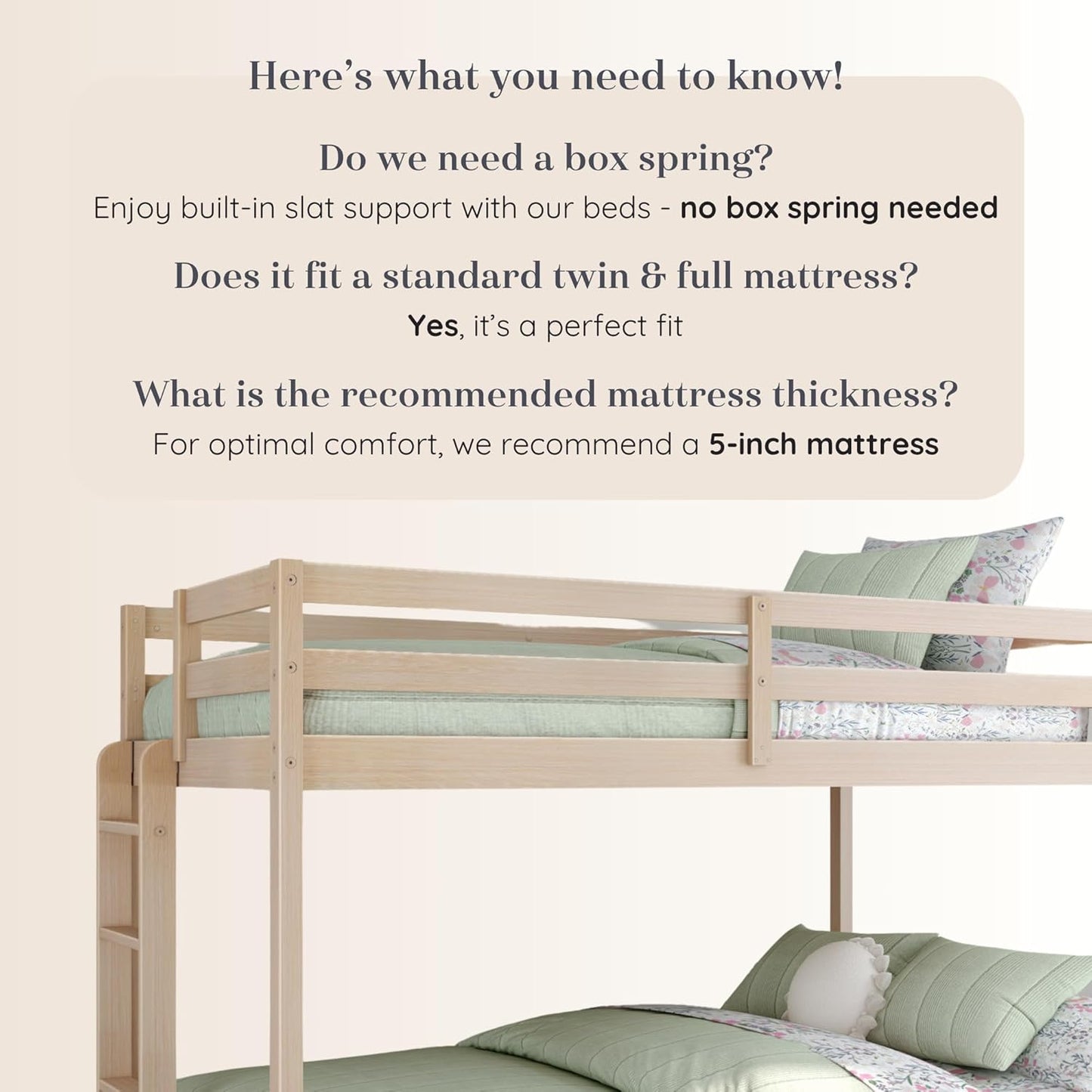 Grain & Grove Bear Twin Over Full Bunk Bed, Sturdy Bunk Bed Frame for Kids, Plywood Bunk with Ladder, Guardrail, and Slats, No Box Spring Required, Oak Embossed Natural