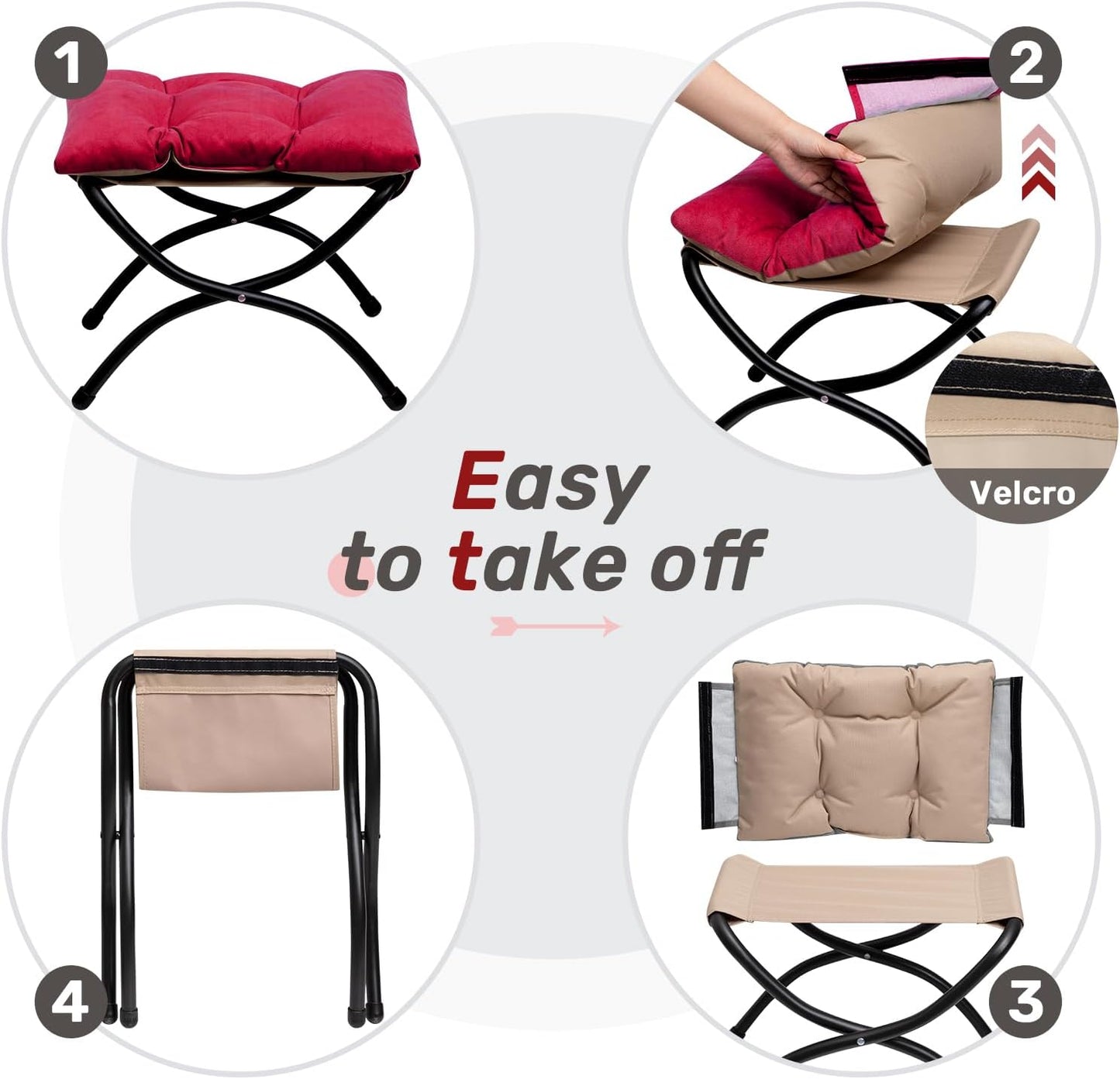 HollyHOME 15"(H) Folding Footrest Stool, Upholstered Small Foldable Ottoman, Accent Padded Sofa Foot Stool for Lazy Chair, Metal Frame Portable Foot Rest Ottoman for Living Room, Bedroom, Burgundy