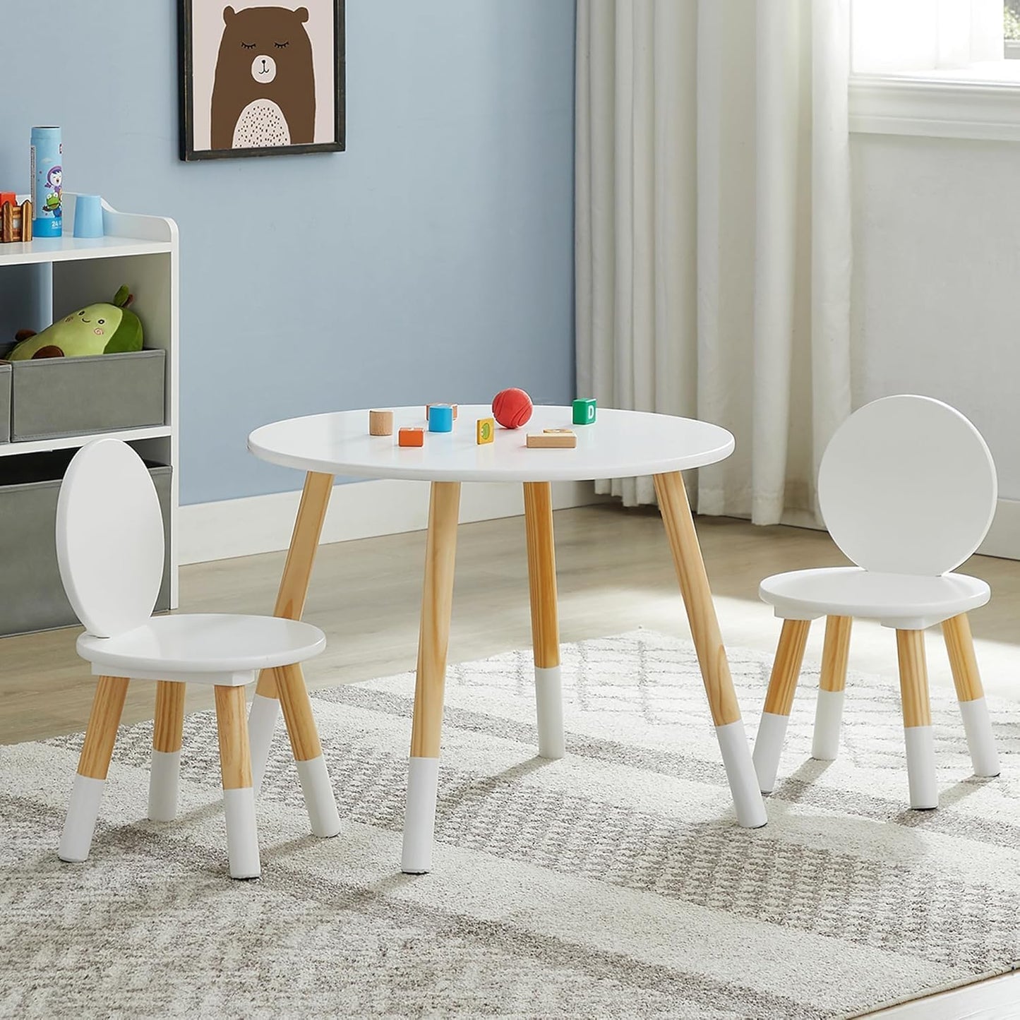 VECELO Round Table and Chair Set Playroom Furniture Wooden, Modern Minimalist Design, Compact Size, Easy Assembly, White