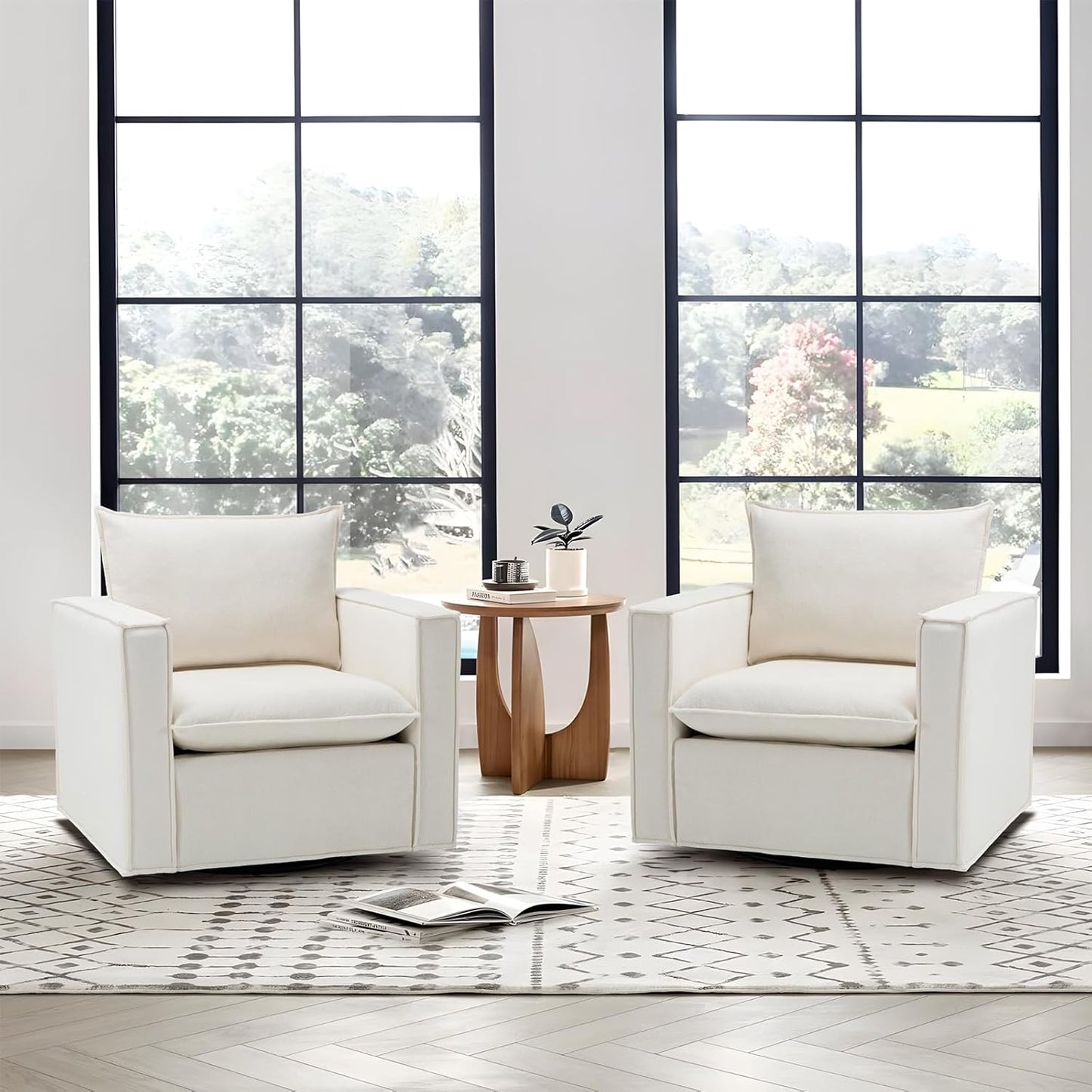 COLAMY Swivel Accent Chair Set of 2, 34 Inches Wide Upholstered Arm Chair with Plump Back Pillow, Modern Sofa Living Room Chair for Bedroom, Corner, Reading Nook-Beige