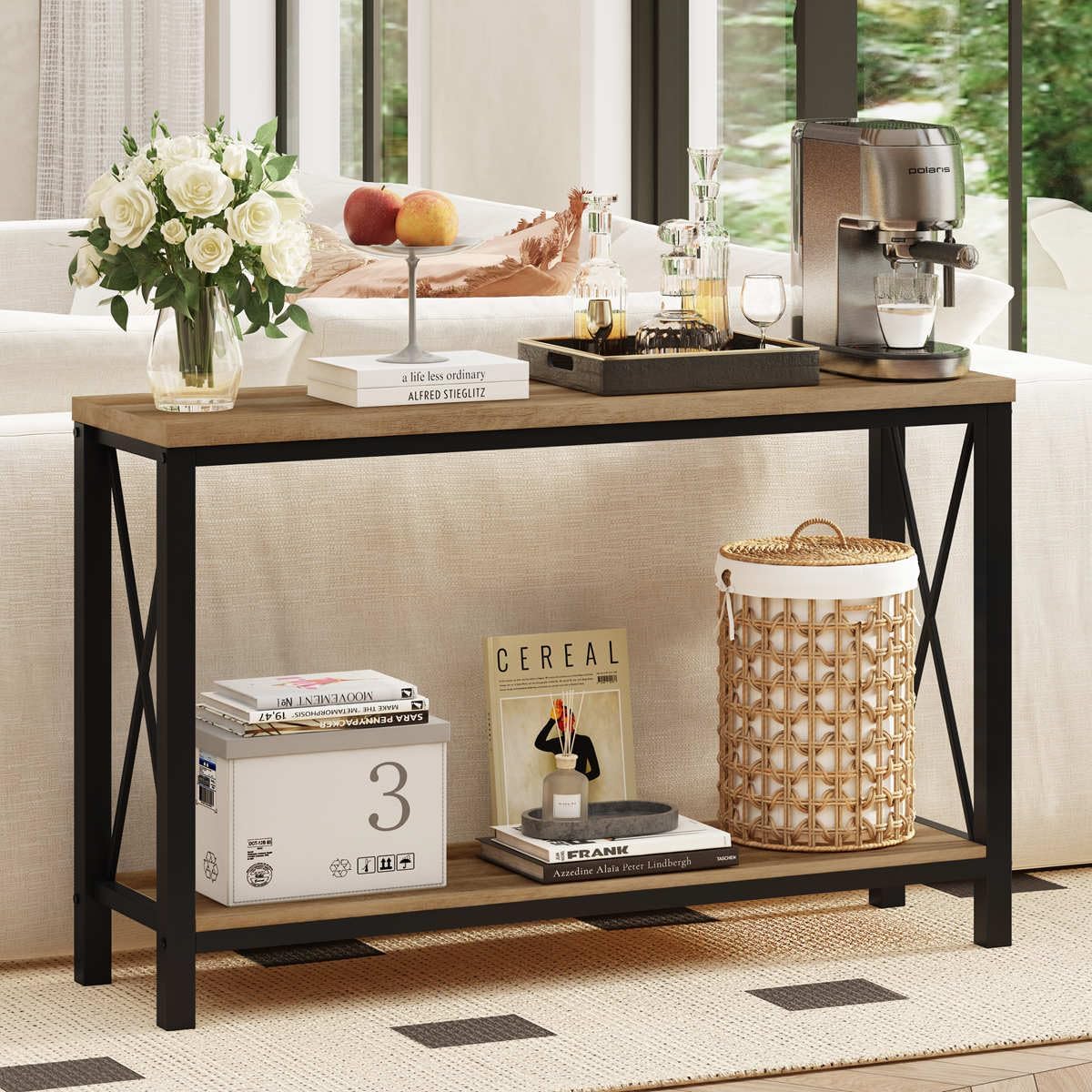 BON AUGURE Farmhouse Entryway Table, Sofa Console Table Behind Couch for Living Room, Industrial Hallway Tables for Entry, Front Door, Entrance, Foyer (Vintage Oak, 47 Inch)