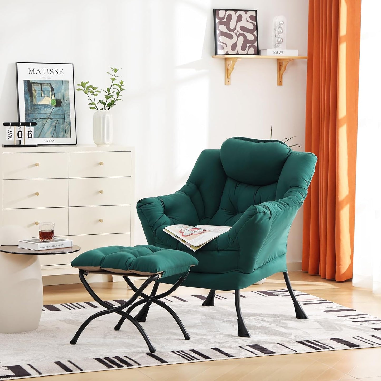 Cozy Lazy Chair and Ottoman, Large Contemporary Accent Lounge Chair Set, Leisure Upholstered Reading Armchair for Bedroom, Living Room, Dorm Rooms, Office