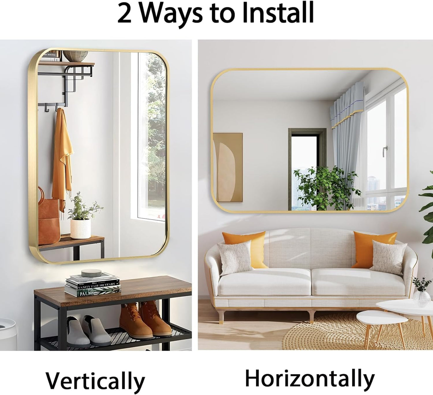 24x32 Inch Gold Bathroom Mirror, Brushed Gold Metal Framed Rectangular Mirror with Rounded Corner, Bathroom Vanity Mirror for Bedroom or Living Room, Horizontal/Vertical