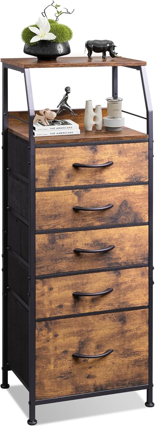 WLIVE Tall Night Stand with 5 Fabric Drawers, Bedroom Nightstand with 5 Drawers & 2 Open Shelves, Fabric Dresser Organizer, Sturdy Steel Frame Bedside Table, Rustic Brown Wood Grain Print