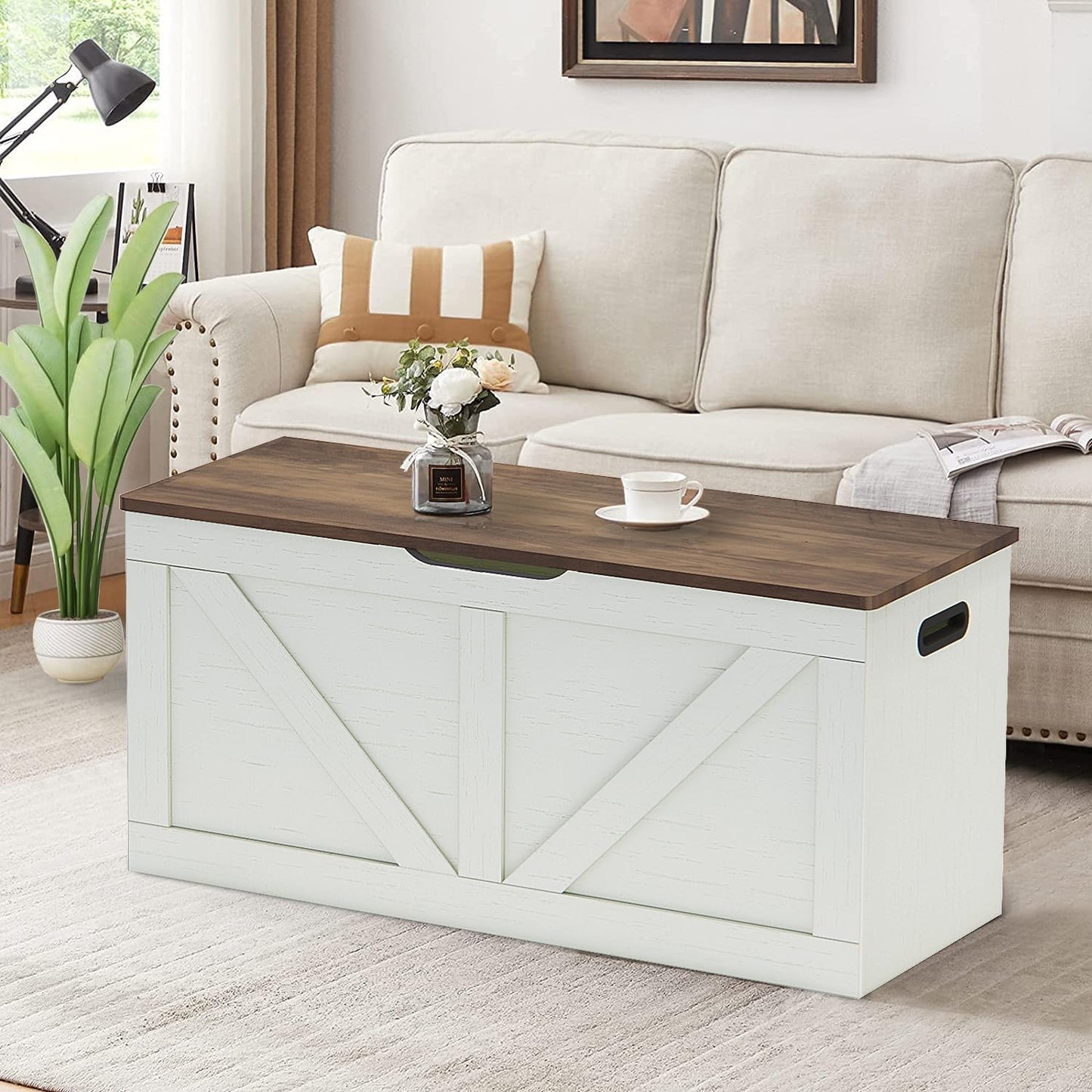 39.4" Storage Chest, Wooden Storage Bench, Large Storage Trunk with 2 Safety Hinges, Entryway Shoes Bench for Living Room, Bedroom, Brown and Rustic White