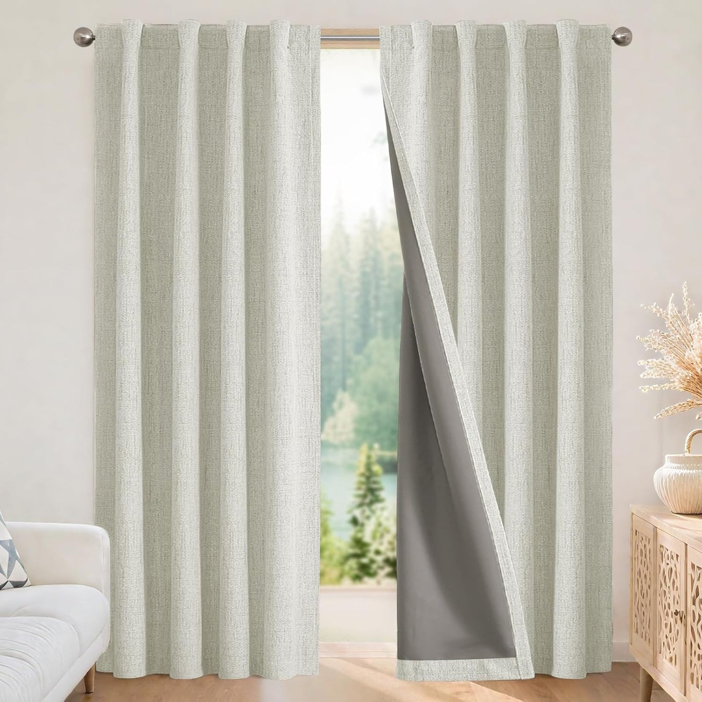 Joydeco 100% Blackout Curtains for Bedroom - Natural Linen Curtains 100" W x 90" L Long, Thermal Insulated 1 Panels Light Beige. Room Darkening Light Blocking Drapes for Living Room