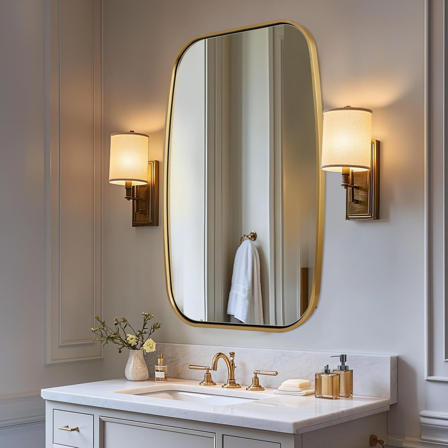 ANDY STAR Brushed Gold Oval Bathroom Mirror, 24x36 Inch Brass Oblong Mirrors for Wall, Modern Rectangle Vanity Mirror with Rounded Corner, Stainless Steel Wall Mount Horizontal or Vertical