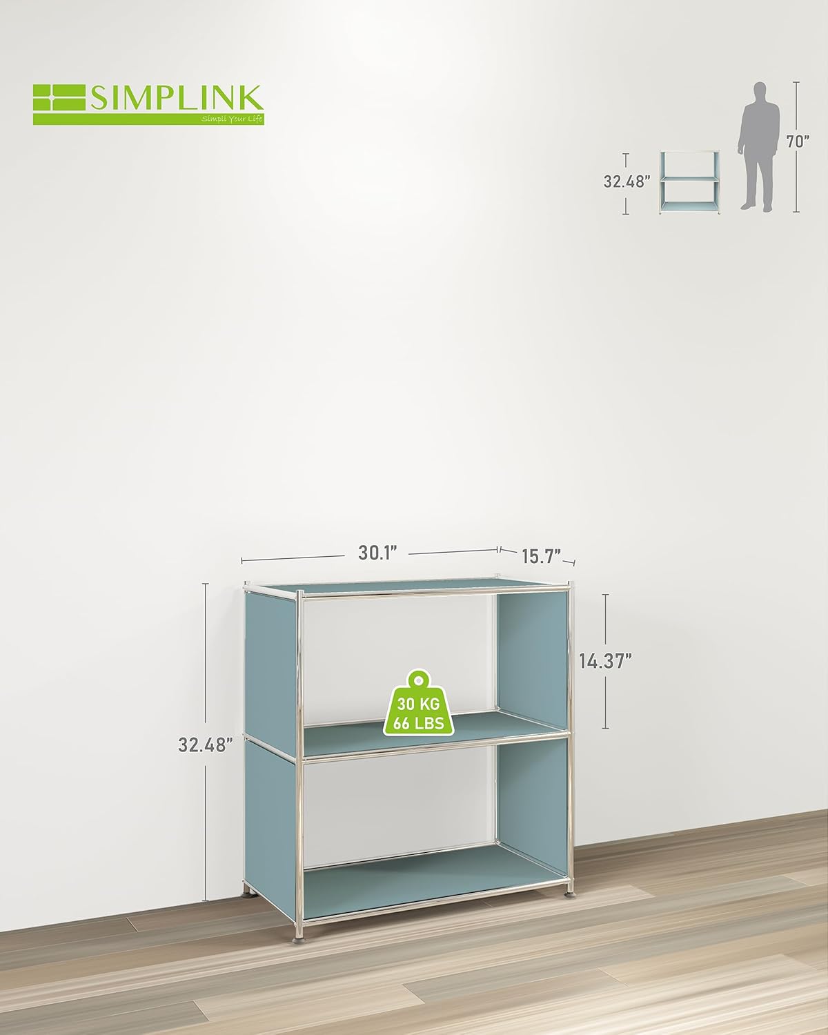 32-Inch 2-Tier Metal Bookcase, Open Shelf Storage Organizer for Living Room, Bedroom, Side Table or Nightstand Use, Modern DIY Assembly, Blue