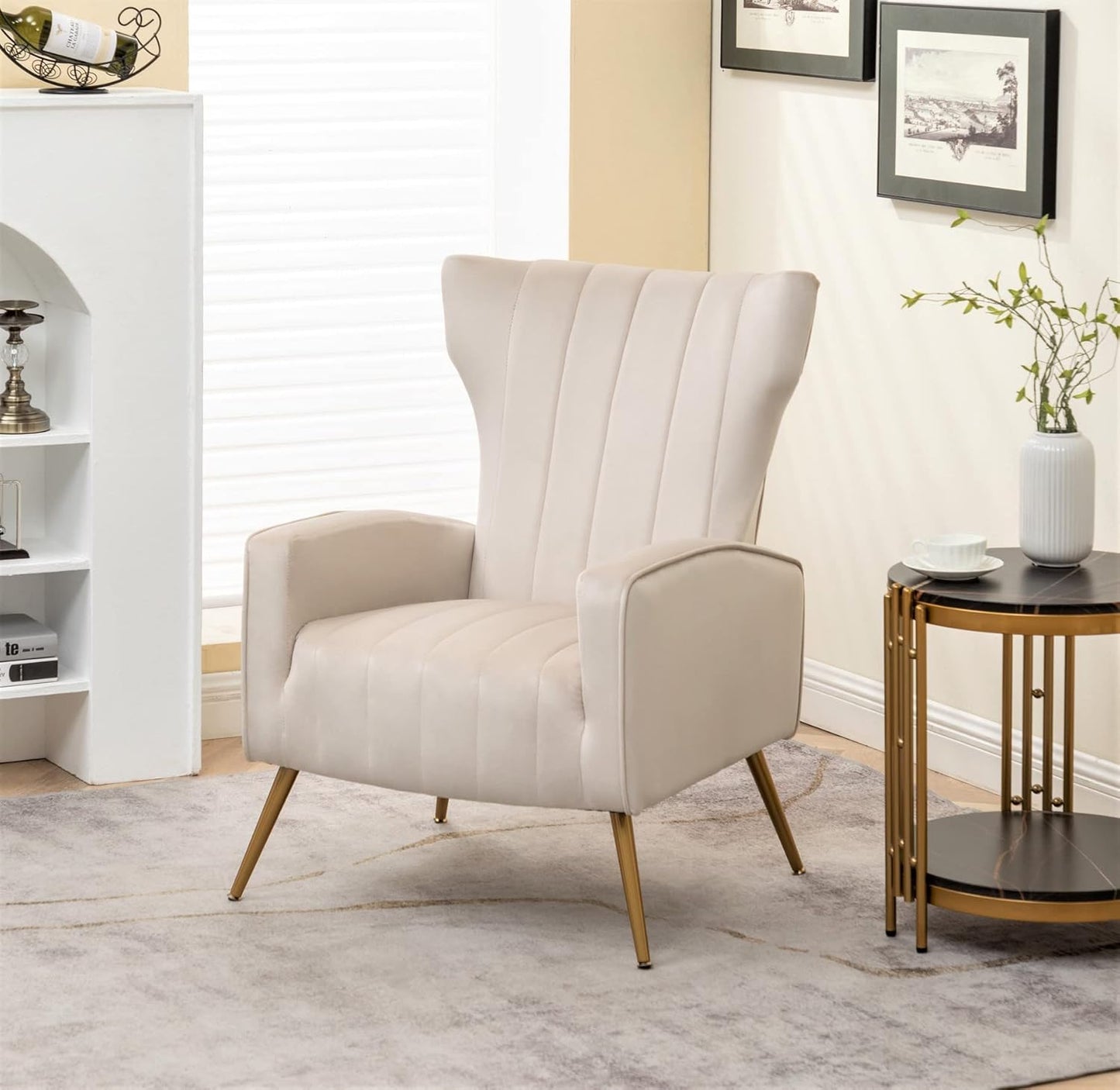 Container Furniture Direct Modern Velvet Accent Chair, Channel Tufted Bedroom, Office or Living Room Furniture with Elegant Metal Legs, 26" Wide Armchair, Beige