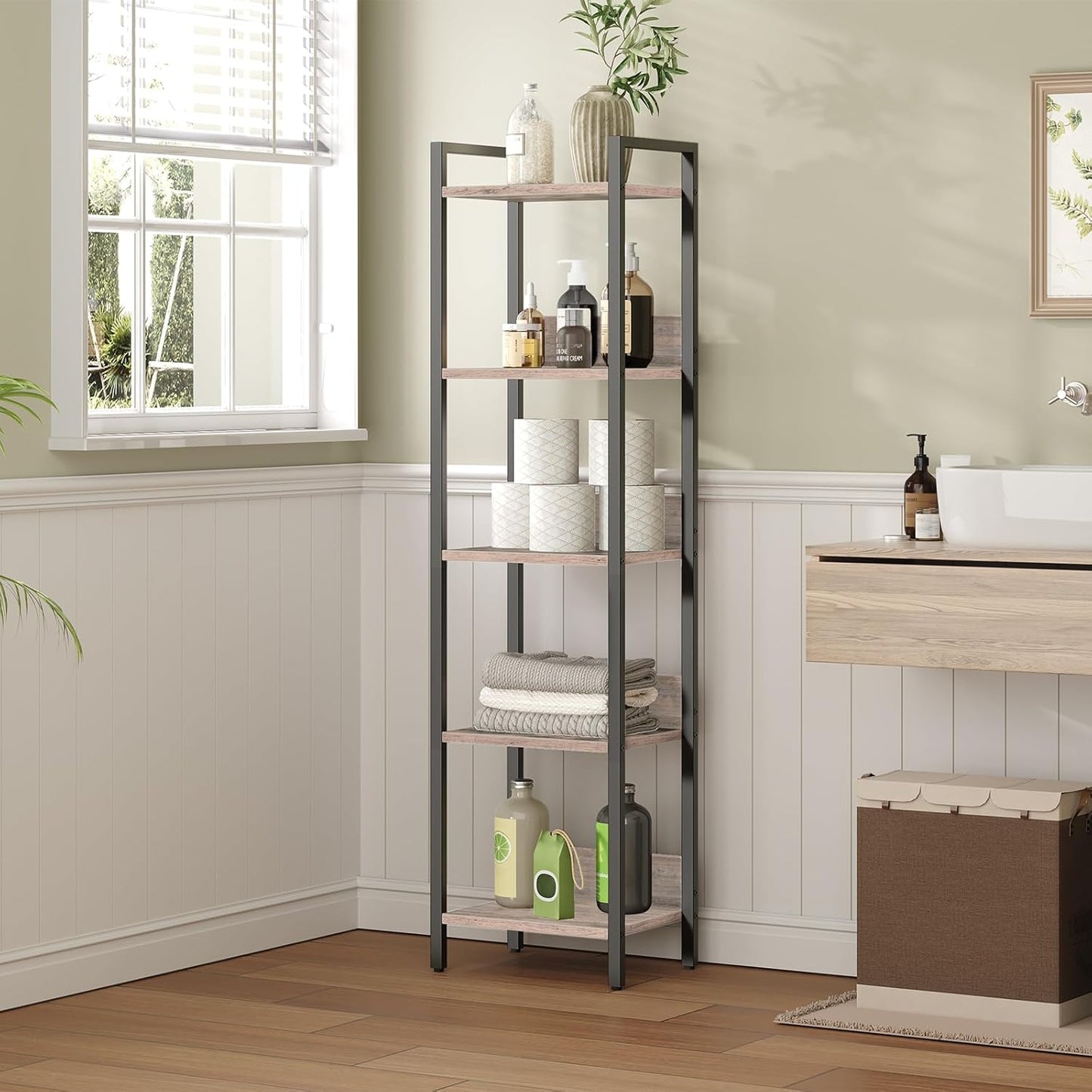 5-Tier Bookshelf, Bookcase, Shelves Organizer for Small Spaces, Storage Shelf Organizer, for Living Room, Bedroom, Study, Balcony, Greige and Black BKHG5501