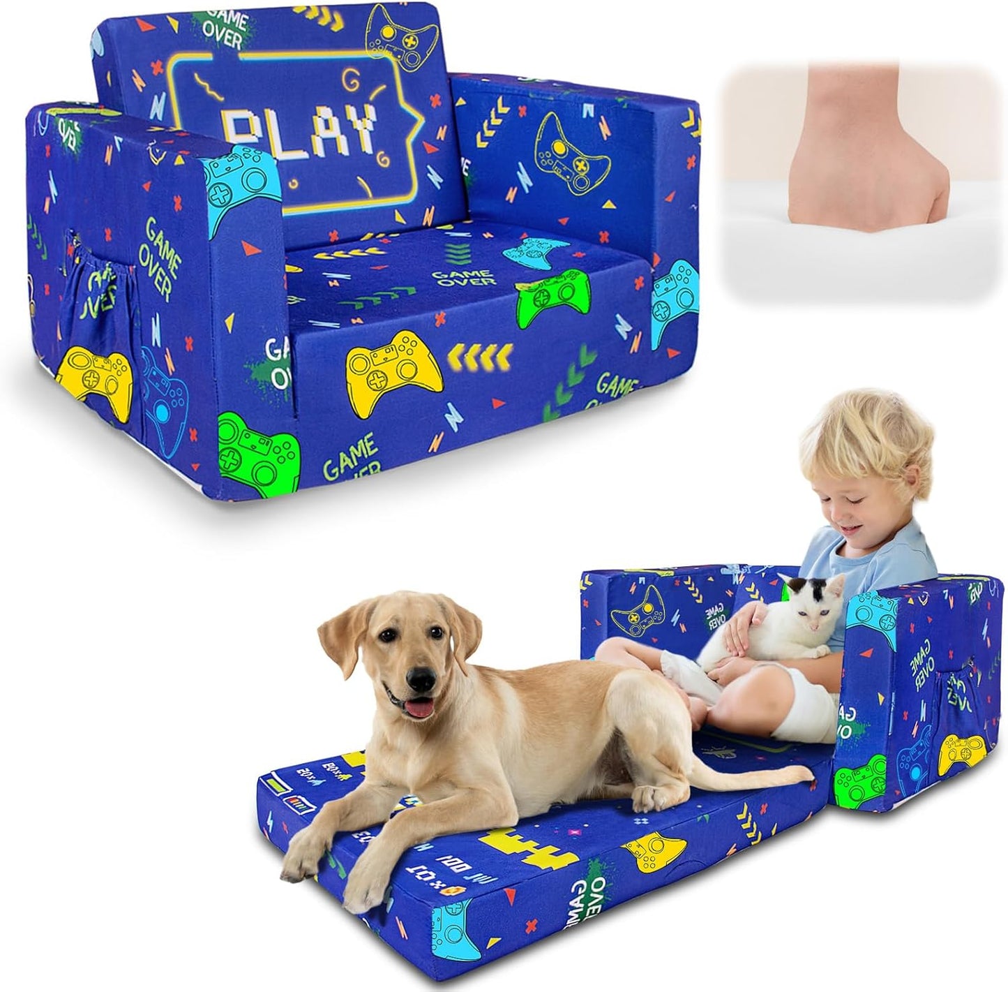 Kids Couch, 2-in-1 Kid Fold Out Couch, Convertible Kids Sofa to Lounger for Girls and Boys, Soft Toddler Chairs Comfy 1-3 Years Old(Gamepad)