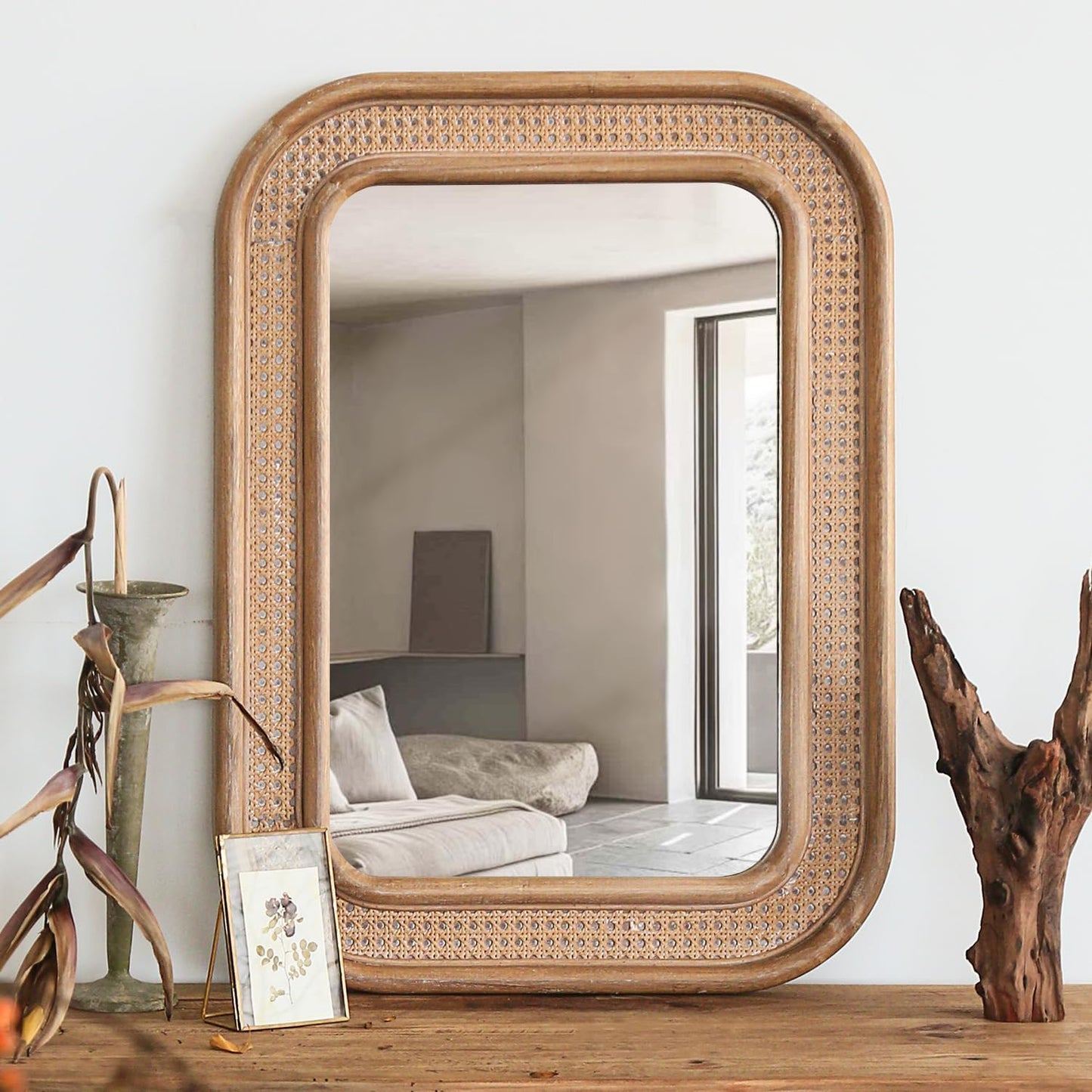 Micasso Rustic Wicker Wall Mirror: 30x22 in Purely Handmade Wooden Frame Rattan Mirror - Rectangular Shabby Chic Boho Bamboo Mirrors for Farmhouse/Bathroom/Bedroom/Living Room/Home Decor