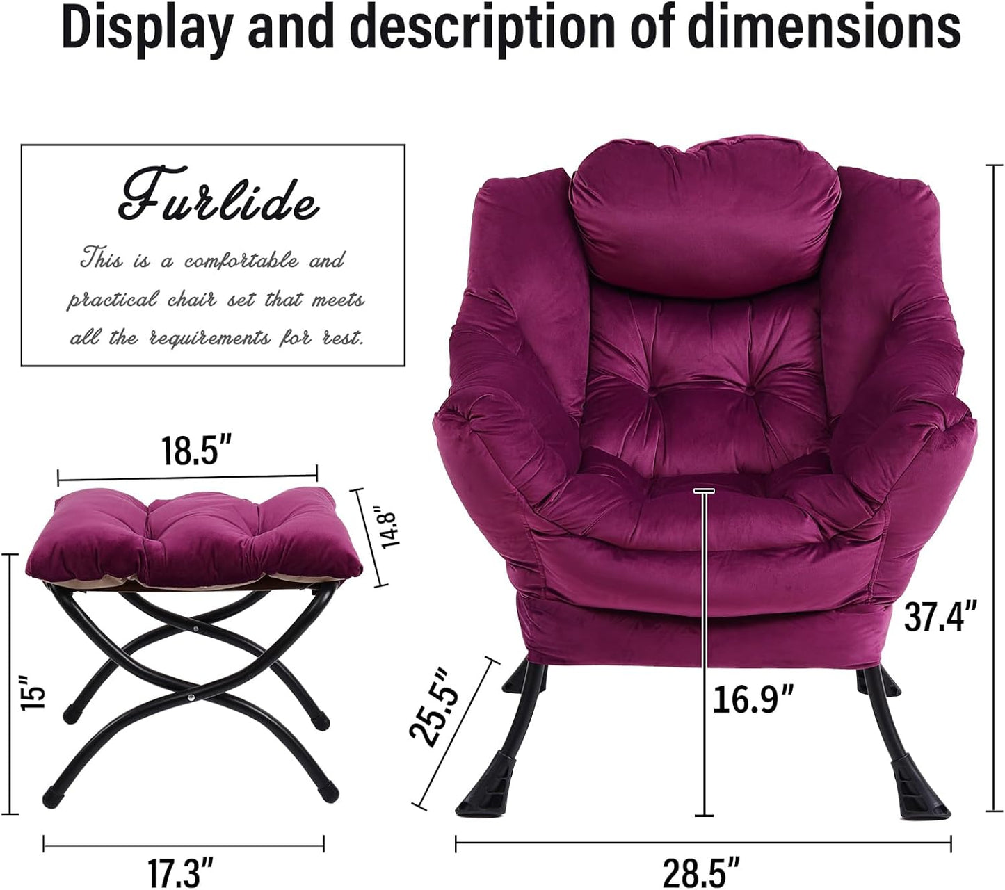 Lazy Chair with Ottoman, Modern Chair with Folding Footrest, Lounge Accent Chair, Comfortable Reading Chair (Velvet Dark Purple)
