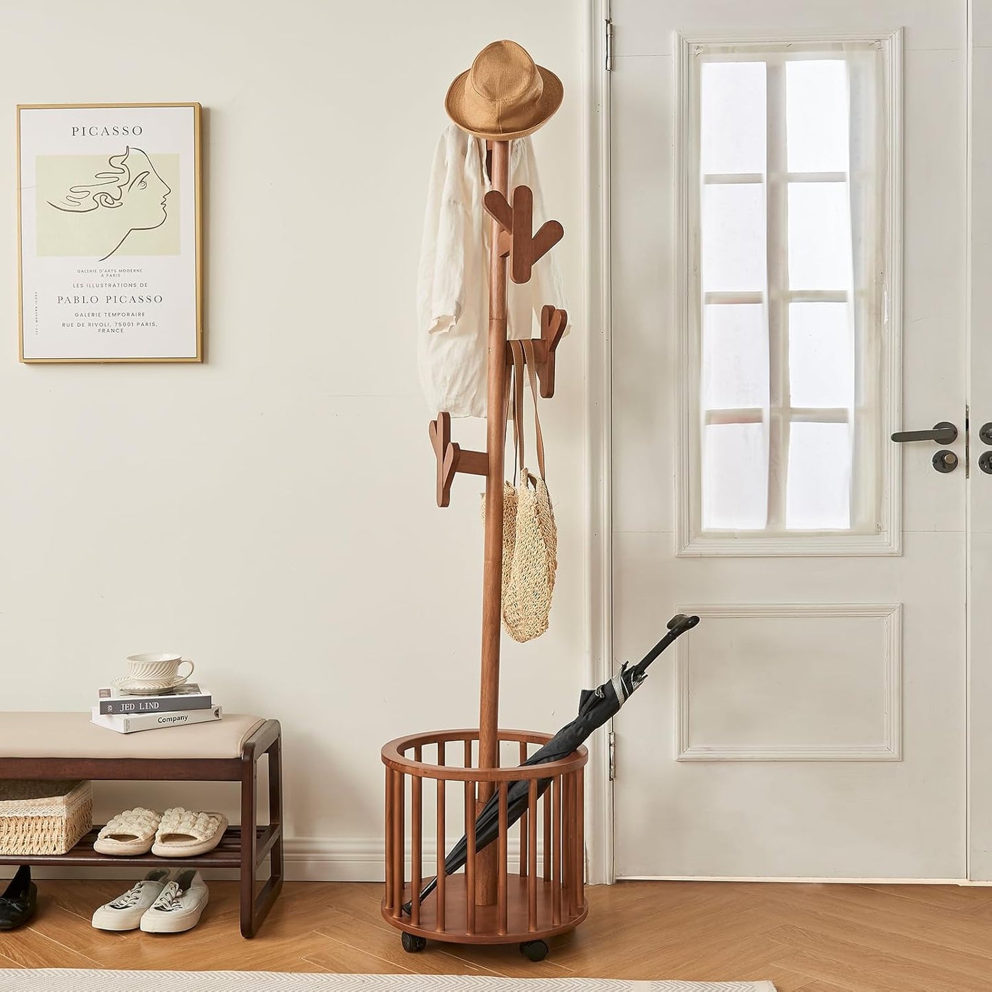 Uniclinens Solid Wood Coat Rack Freestanding with Umbrella Holder, Tree Coat Rack Stand with Lockable Universal Casters & 12 Hooks for Entryway Bedroom, Walnut