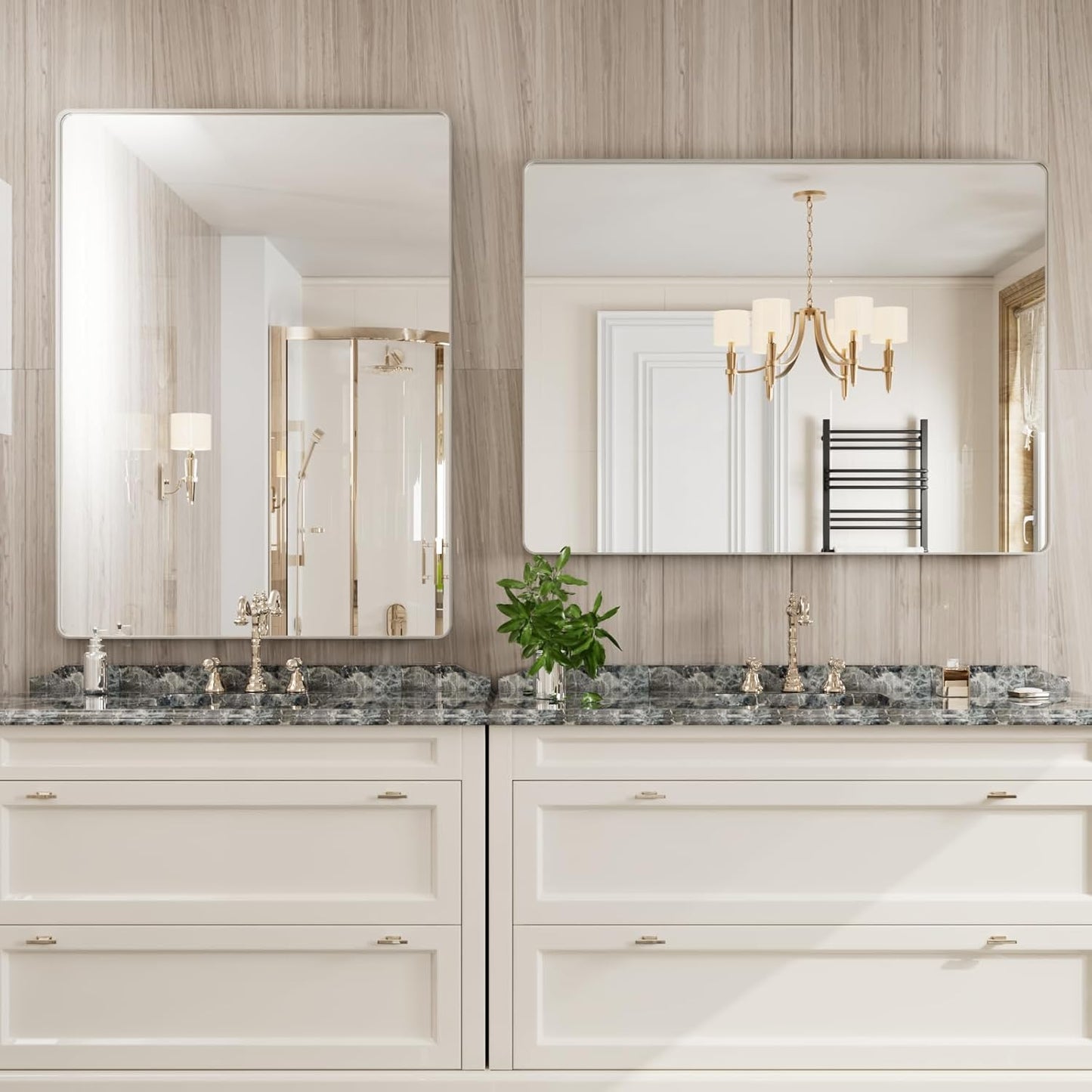 Brushed Nickel Bathroom Mirror 48x36 Inch, Brushed Silver Metal Frame Mirror Wall Mounted, Rounded Rectangle Bathroom Vanity Mirror, Tempered Glass, Anti-Rust, Horizontal/Vertical