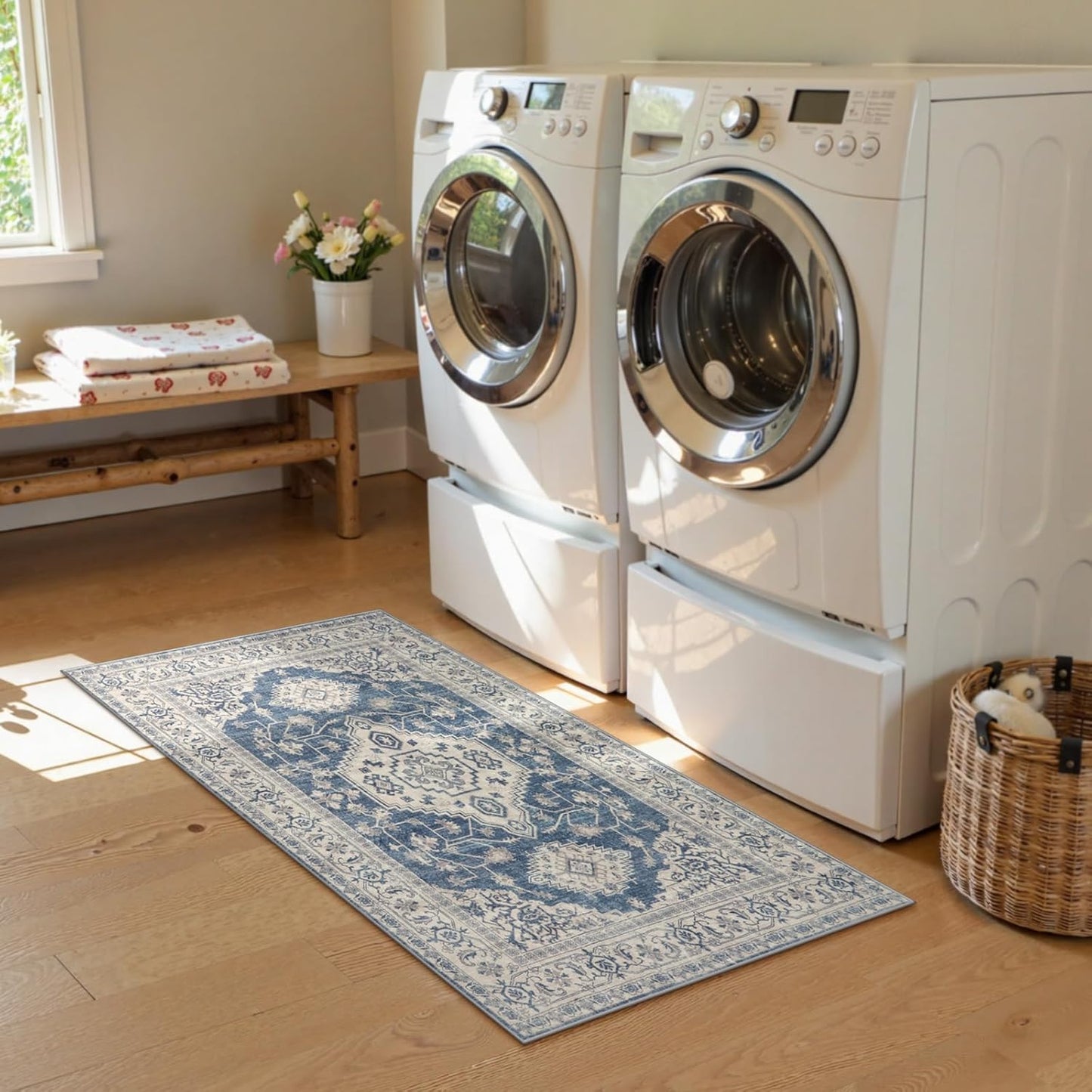 Lahome Oriental Small Area Rug, 2x4 Washable Entryway Rug Non-Slip Ultra-Thin Indoor Door Mat Distressed Throw Carpet for Kitchen Bedroom, Blue