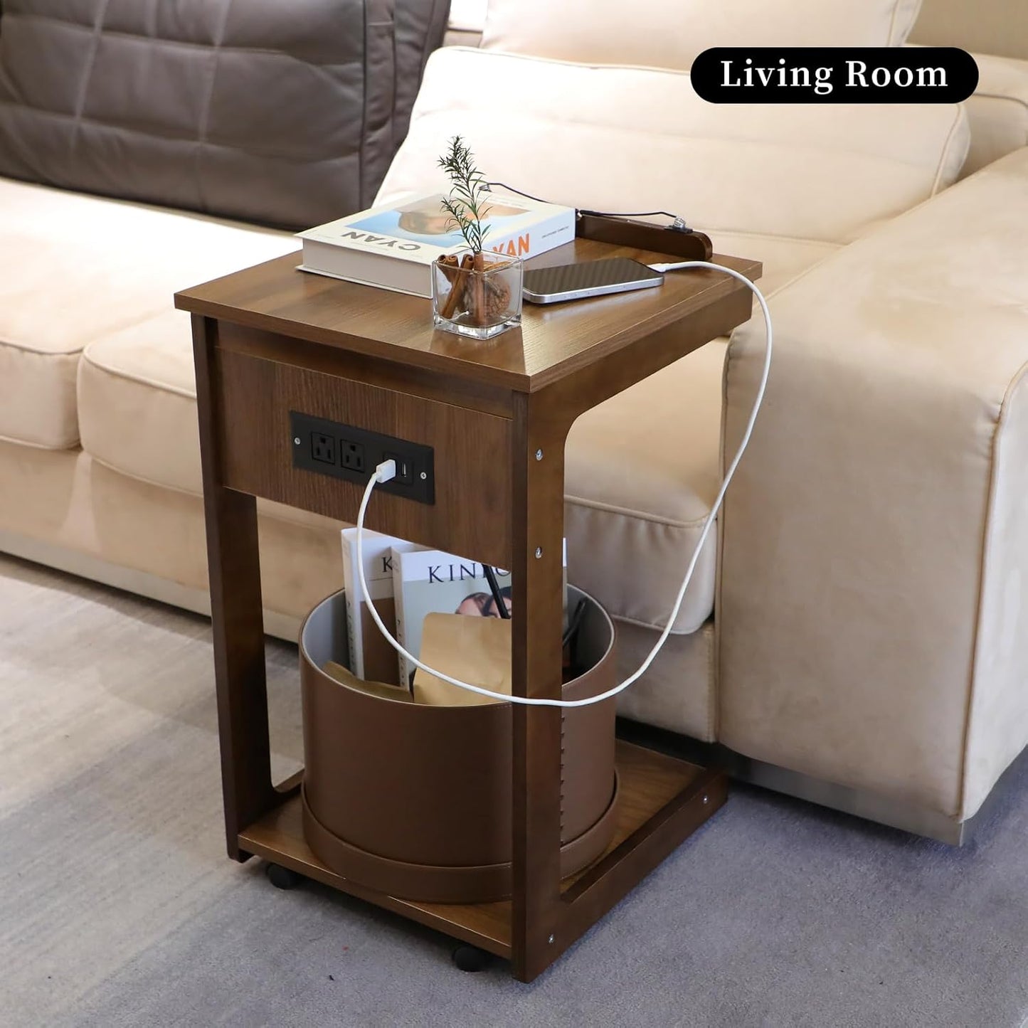 C Shaped End Table with Charging Station, Small Side Table for Couch, C Table with Wheels and Adjustable Desktop, Wooden Couch Table for Living Room, Bedroom (Brown)