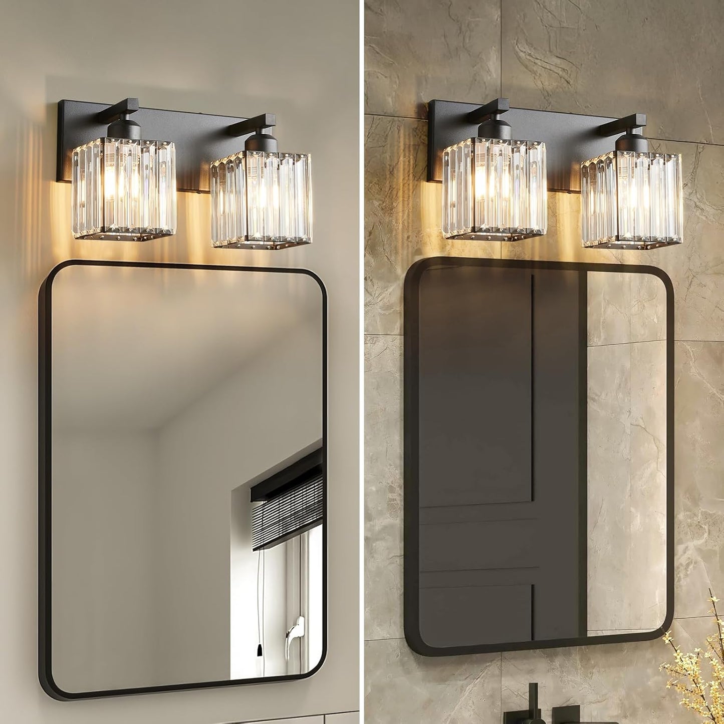 Modern Bathroom Vanity Light 2-Lights Black Crystal Bathroom Wall Light Vanity Light Fixtures，12.59-inch Modern Minimalist Design