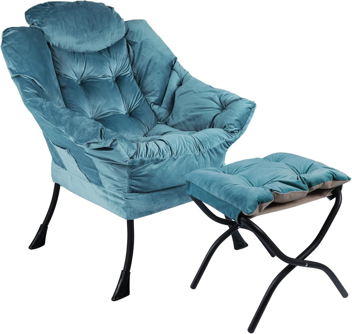 Lazy Chair with Folding Ottoman,Living Room Chairs, Accent Contemporary Lounge Chair, Single Steel Frame Leisure Sofa Chair with Armrests and A Side Pocket (DL60GREEN)