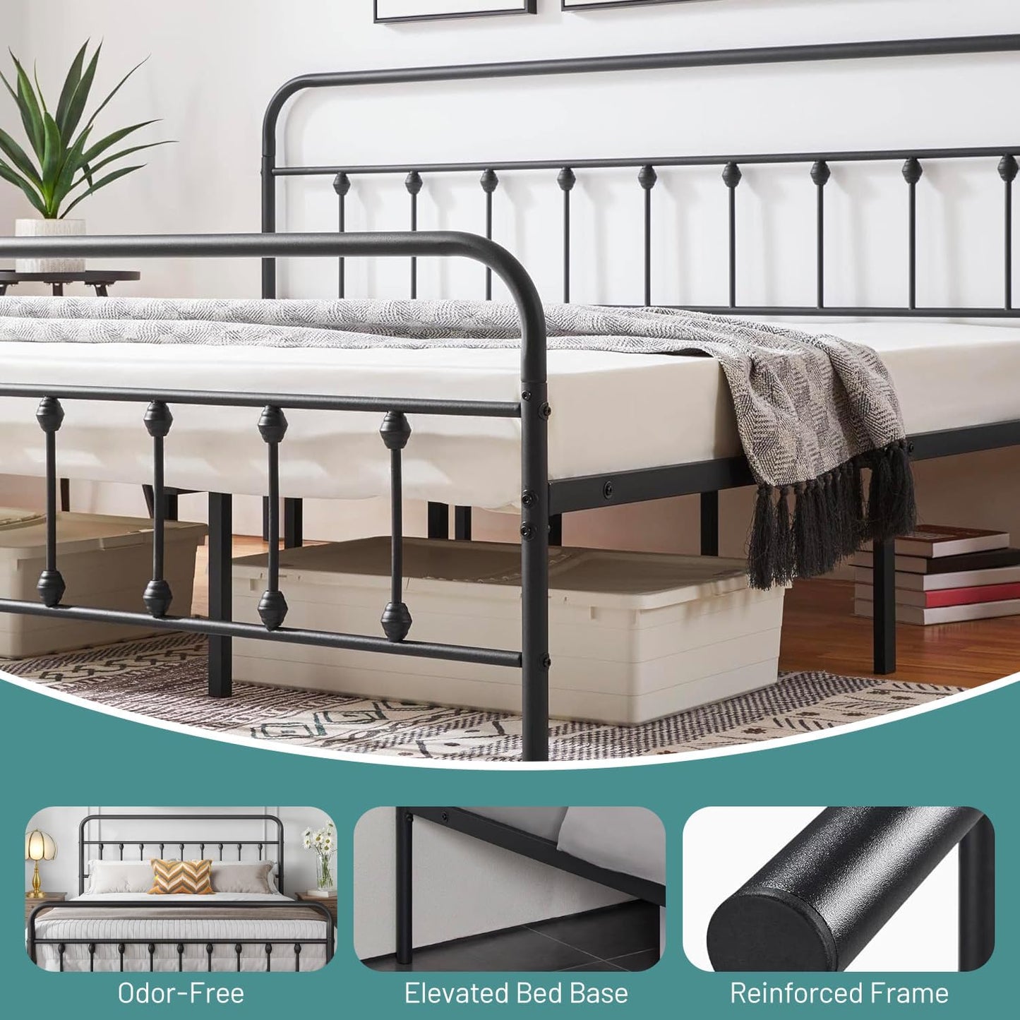 Full Size Bed Frame-Classic Metal Platform Bed Frame Mattress Foundation with Victorian Style Iron-Art Headboard/Footboard/Under Bed Storage/No Box Spring Needed/Black