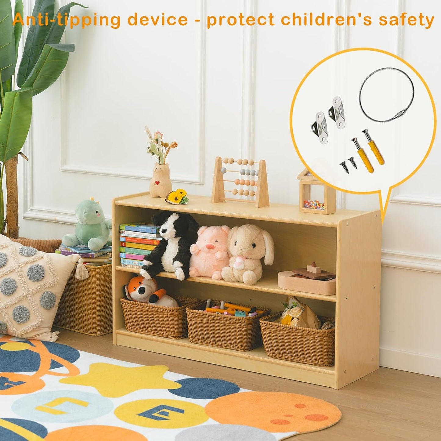 Kids Bookshelf and Toy Storage Shelf, Wooden Montessori Bookshelf, 2-Tier Toy Shelf, 24in Birch Children Bookcase, Classroom Furniture, Book Shelf for Kids Room, Nursery, Playroom