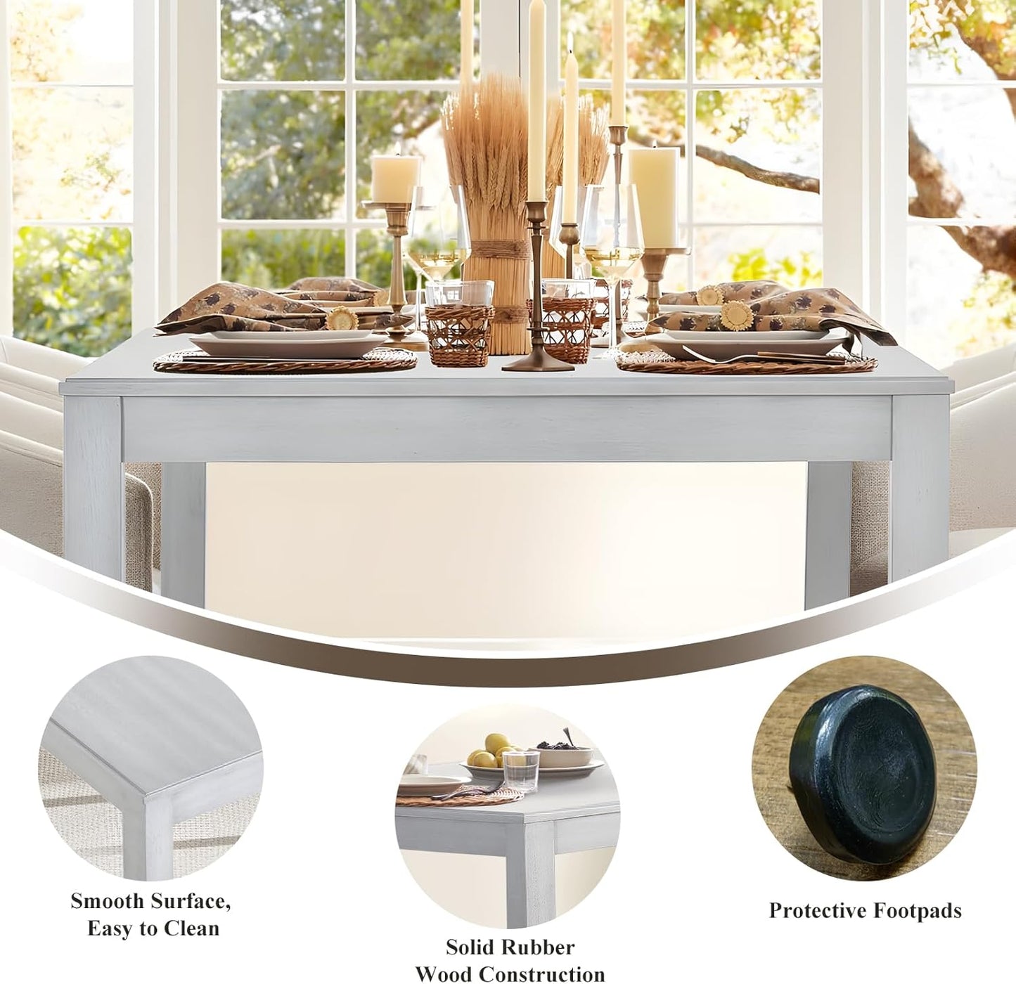 COLAMY 7-Piece Dining Table Set for 6, 60" Kitchen Wood Table with 6 Nailhead Dining Room Chairs, White/Beige