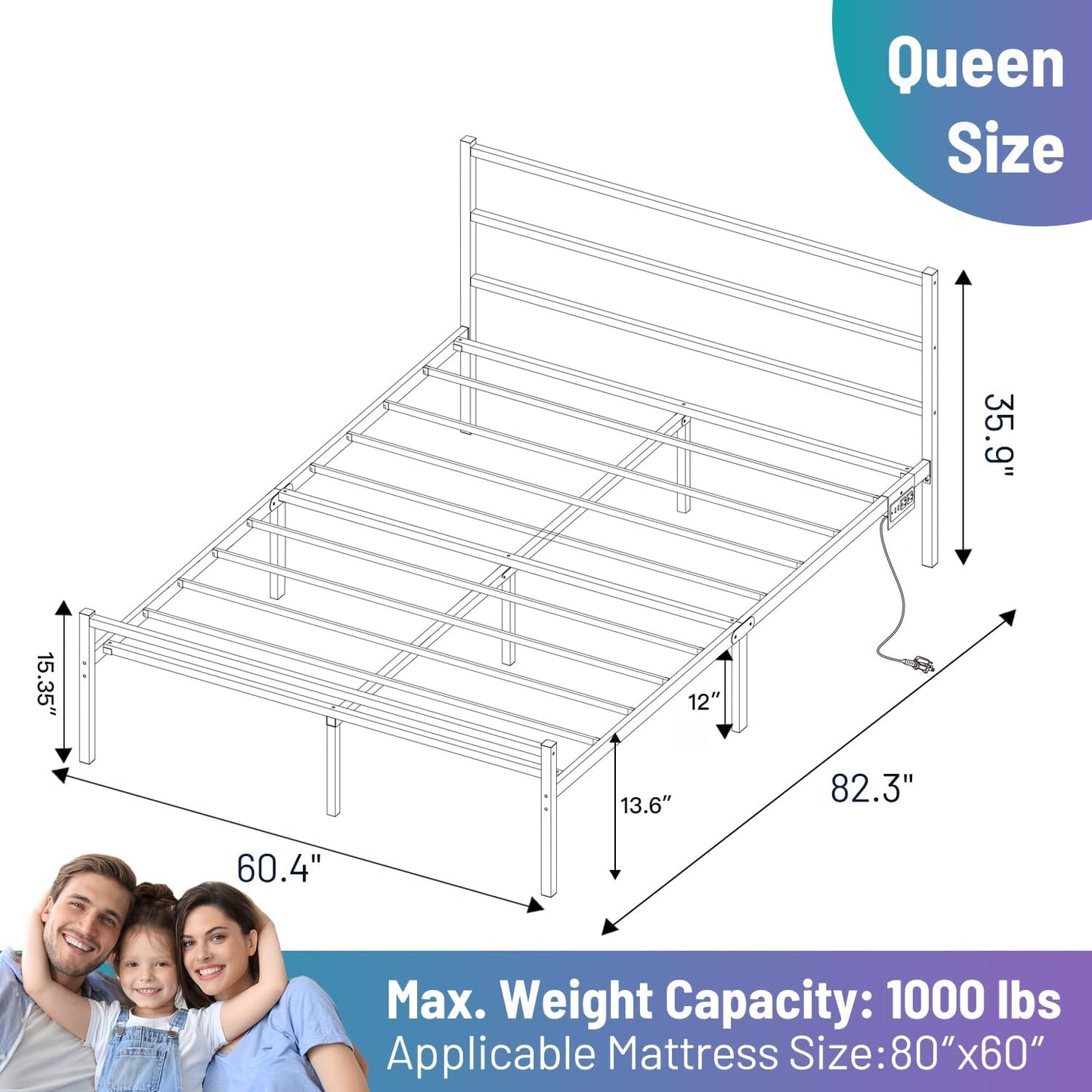 Queen Bed Frame with Headboard,Heavy Duty Steel Slats Support-LED Bed Frame with USB Charging Station,Mattress Foundation-Under Bed Storage,No Box Spring Needed,Noise Free，Black