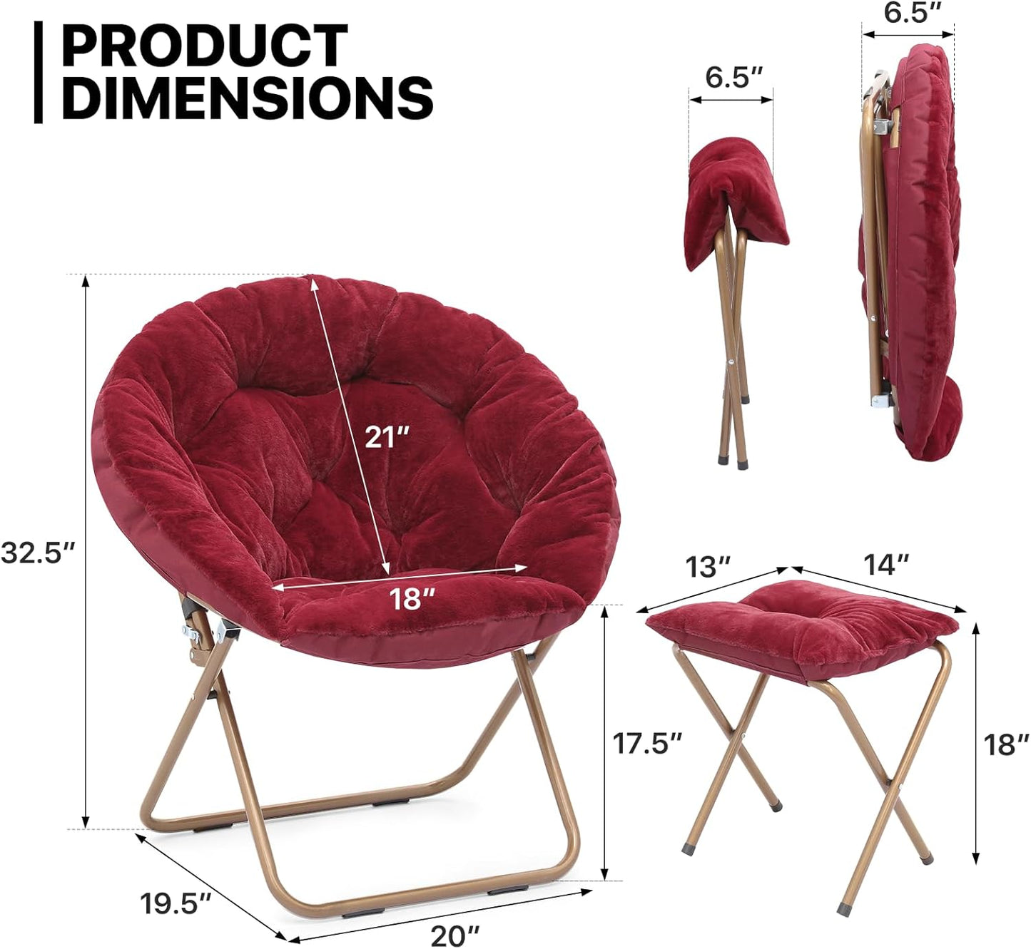 MoNiBloom Round Folding Faux Fur Saucer Chair for Bedroom Living Room Dorm Foldable Metal Frame Oversized Large Comfy Furry Padded Soft Cozy Moon Chair with Footrest Ottoman for Adults (Burgundy)