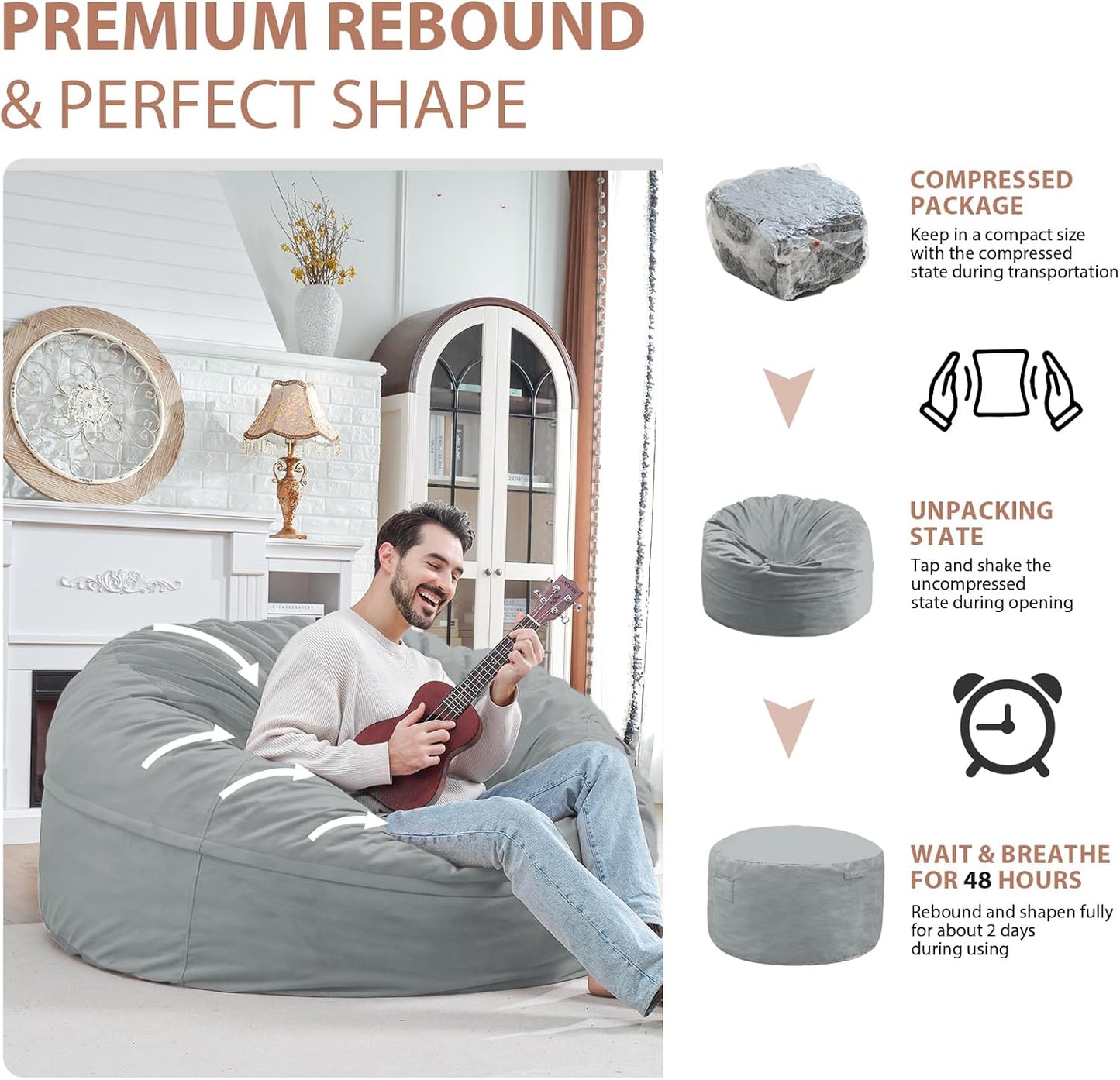 5FT Bean Bag Chair, Large Bean Bag Chairs with Memory Foam Filled, Fluffy Beanbag Sofa with Dutch Velvet Cover, Round BeanBag Chairs for Living Room, Playroom - Light Grey