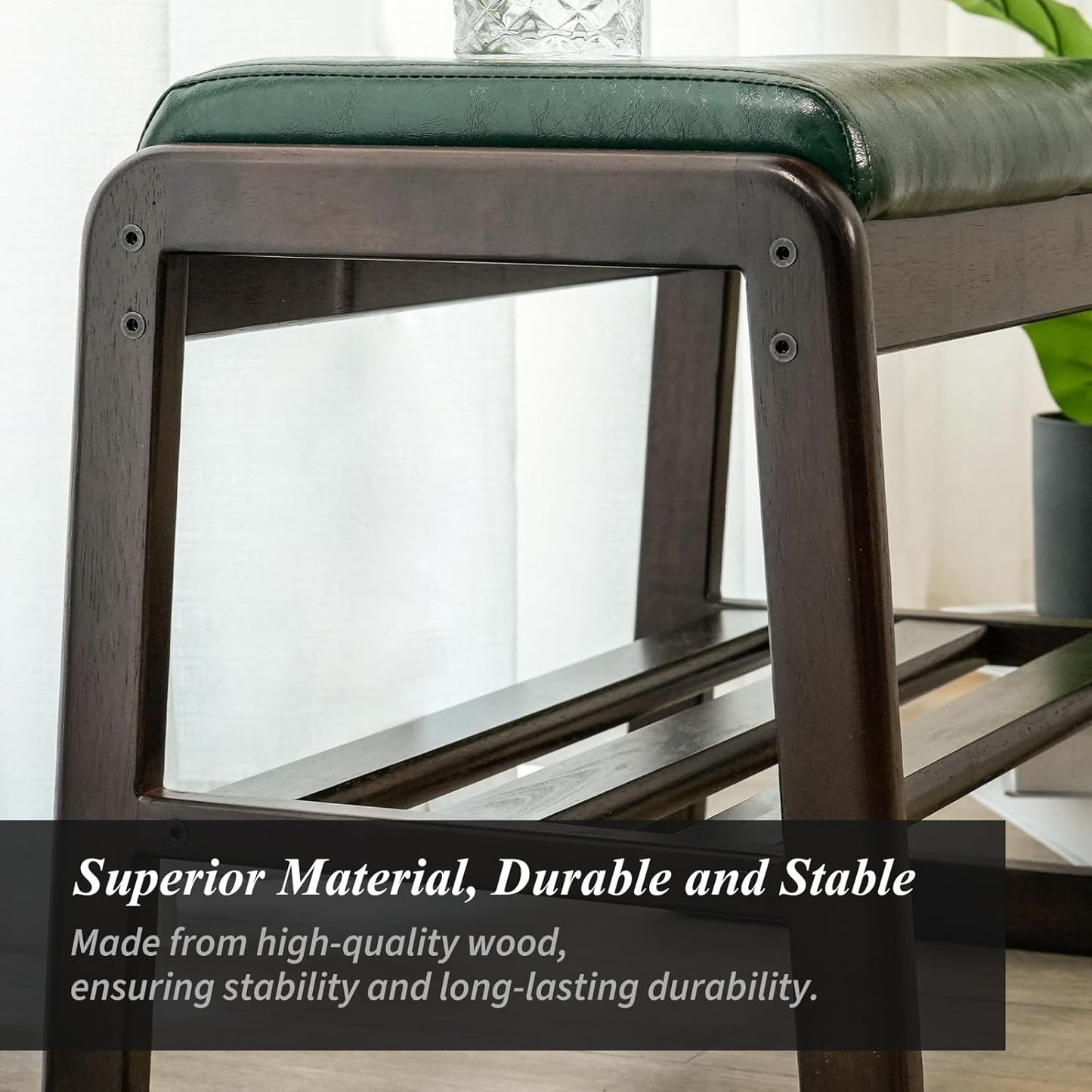 Shoe Bench, Entryway Bench with Leather Cushion, Solid Wood Shoe Rack, Mid Century Modern Bench, Shoe Storage, Shoe Organizer for Entryway (Green, 21.7" W)