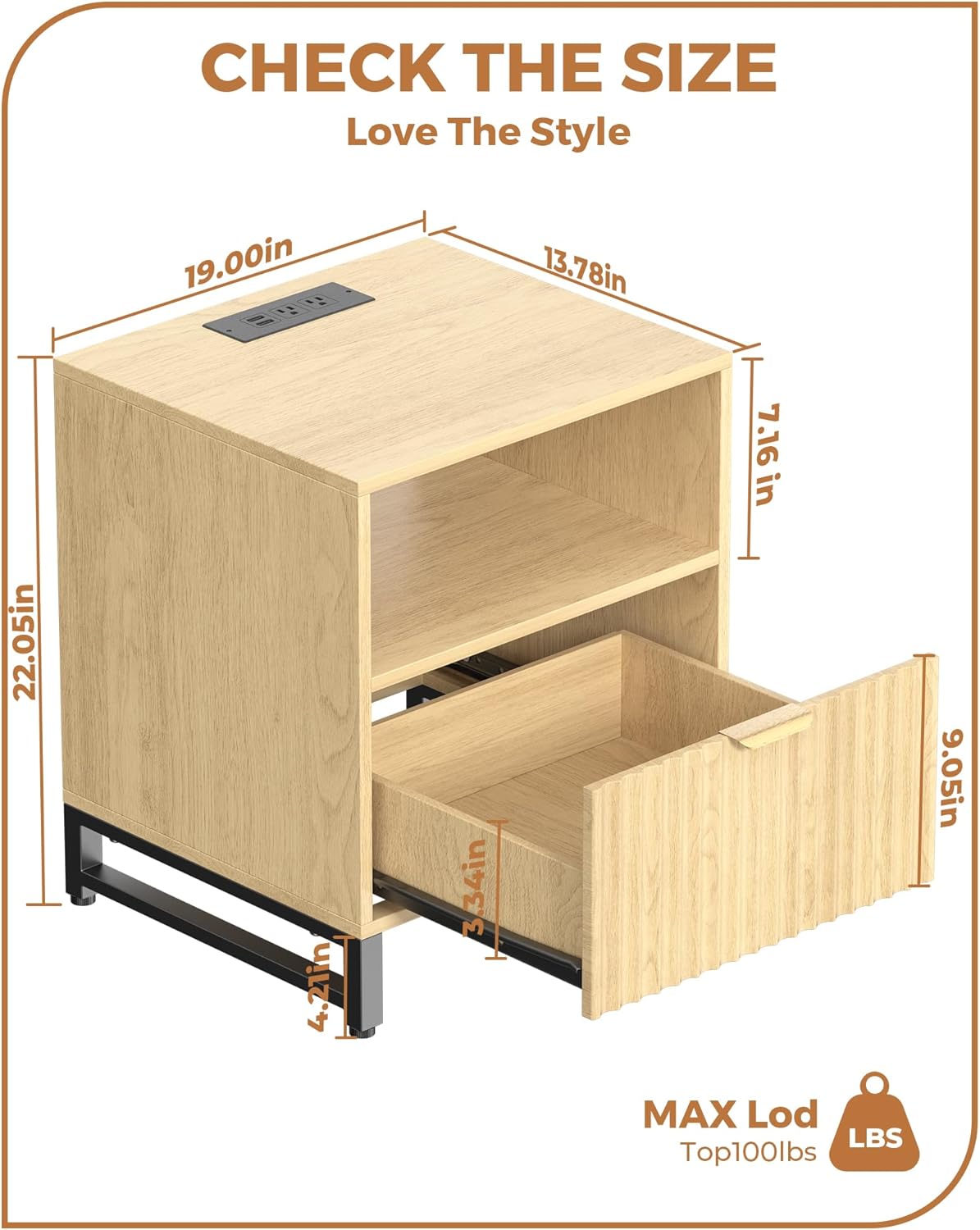 Fluted Night Stand with Charging Station, Wood Nightstand with Large Drawer and Open Storage Cabinet, Mid-Century Modern Bedside Table End Table for Bedroom Closet Office