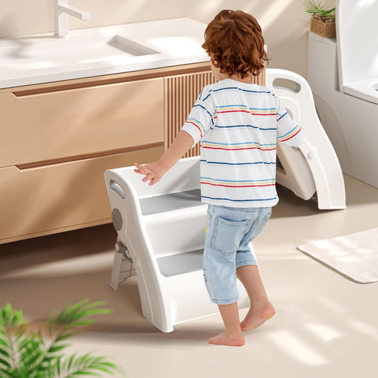 Toddler Step Stool for Bathroom Sink – Non-Slip Kids Step Stool, 100lbs Load Bearing Foldable Toddler Stool for Bathroom with Handles and Anti-Tip Design - Potty Training Stool for Ages 2+