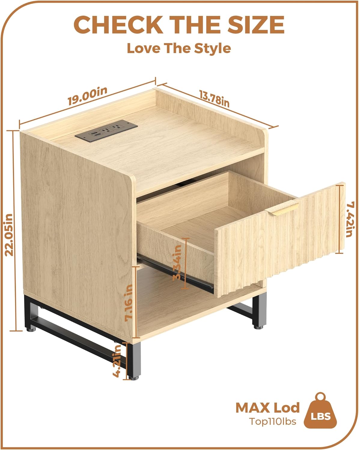 Fluted Night Stand Set 2 with Charging Station, Wood Nightstand with Large Drawer and Open Storage Cabinet, Mid-Century Modern Bedside Table End Table for Bedroom Closet Office