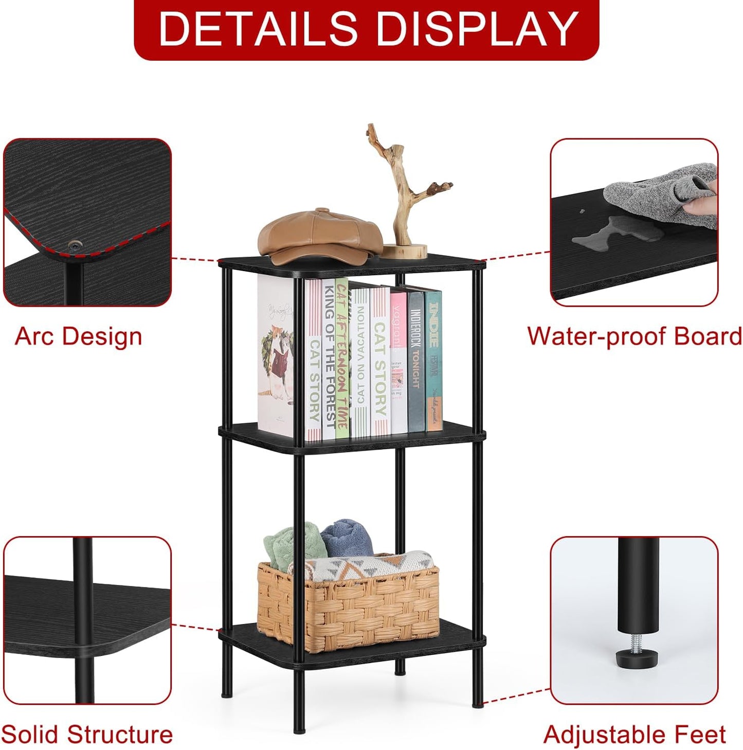 smusei 3 Tier Small End Table Tall Telephone Table with Storage Shelves Black Sidetable for Small Spaces Tall Night Stand Table for Bedroom, Living Room, Office, Sofa Couch