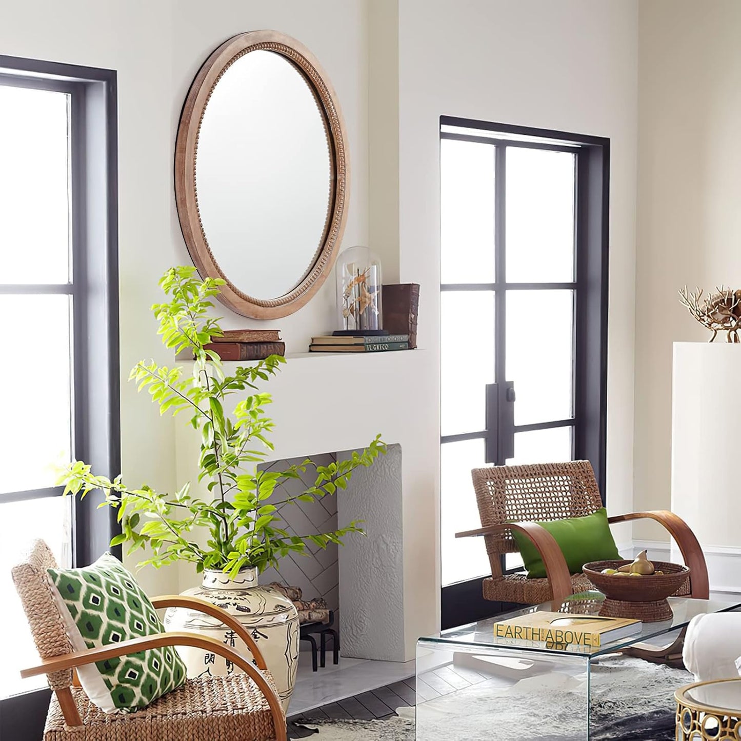 Sawsile Round Decorative Circle Farmhouse Style Mirror - 18inch Rustic Natural Wooden Frame Beads for Bedroom, Bathroom, Living Room or Entryway