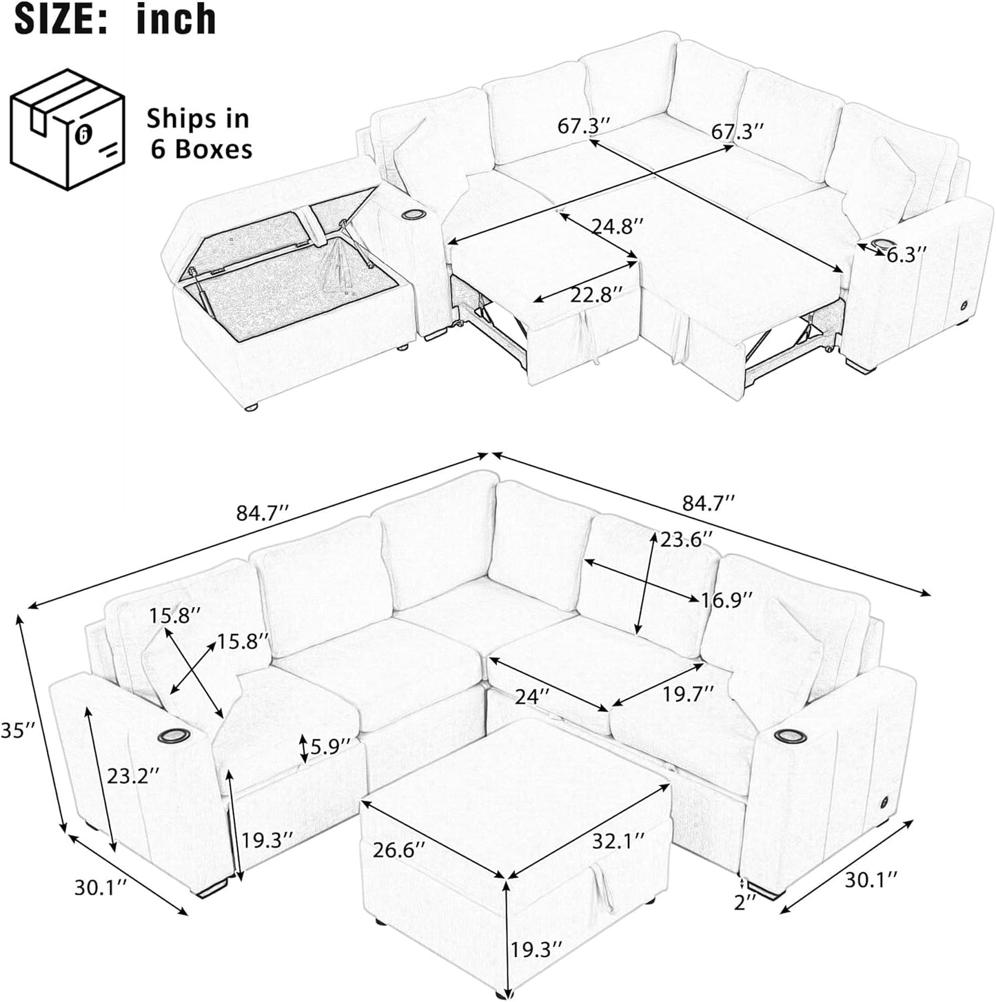 84.7" Symmetrical Convertible Sleeper Sectional Sofa Couch Bed for Living Room 4 Seater L Shaped Reversible Pull Out Sleeper Sofabed with Movable Ottoman ,2 Cup Holders ,USB Ports, Detachable Backrest