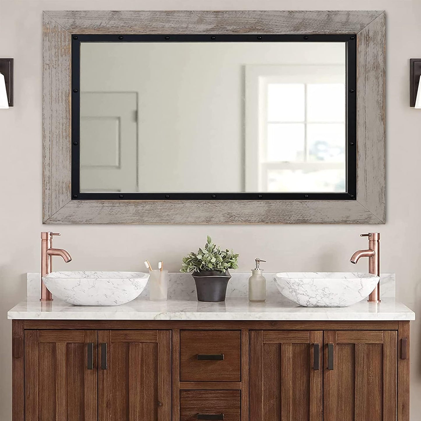 YOSHOOT Rustic Wooden Framed Wall Mirror, Natural Wood and Iron Bathroom Vanity Mirror for Farmhouse Decor, Vertical or Horizontal Hanging, 53" x 28", Grey