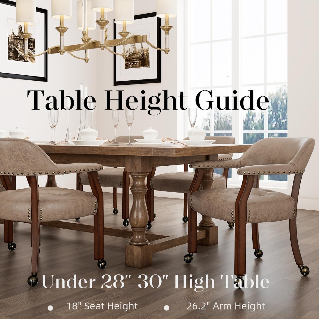 LEEMTORIG Large Dining Chairs with Casters and Arms, Rolling Dining Chairs with Wheels, Solid Wood Office Desk Chairs, 26“Dx25.2 Wx31.5“H, Cherry Legs & Yellowish Brown Fabric SY-1533-LT