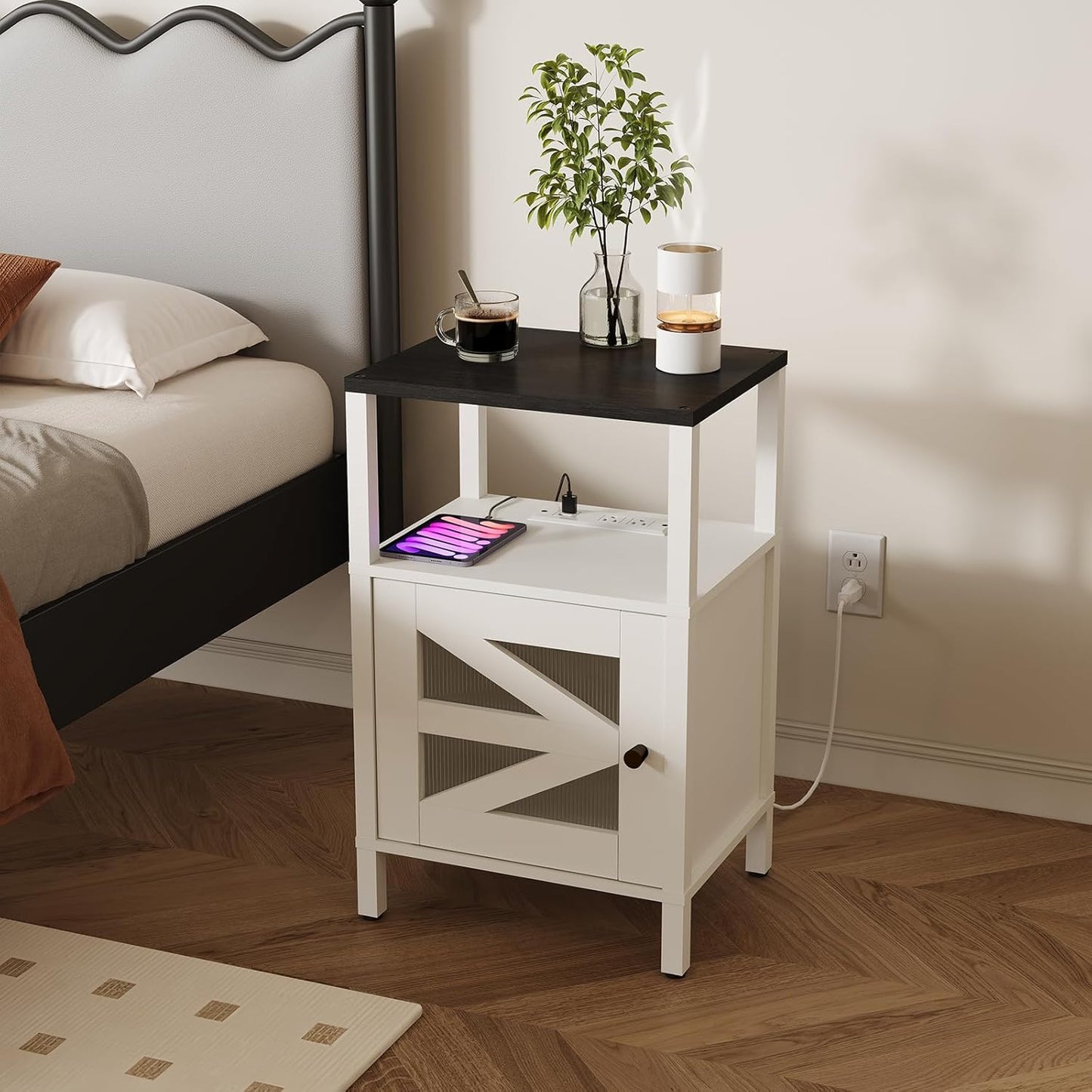 Farmhouse Nightstand with Charging Station, White Bedside Table with USB&Type-C Ports and Outlets, End Table with Storage, Side Table Night Stand for Bedroom, White and Black ETBW97E01