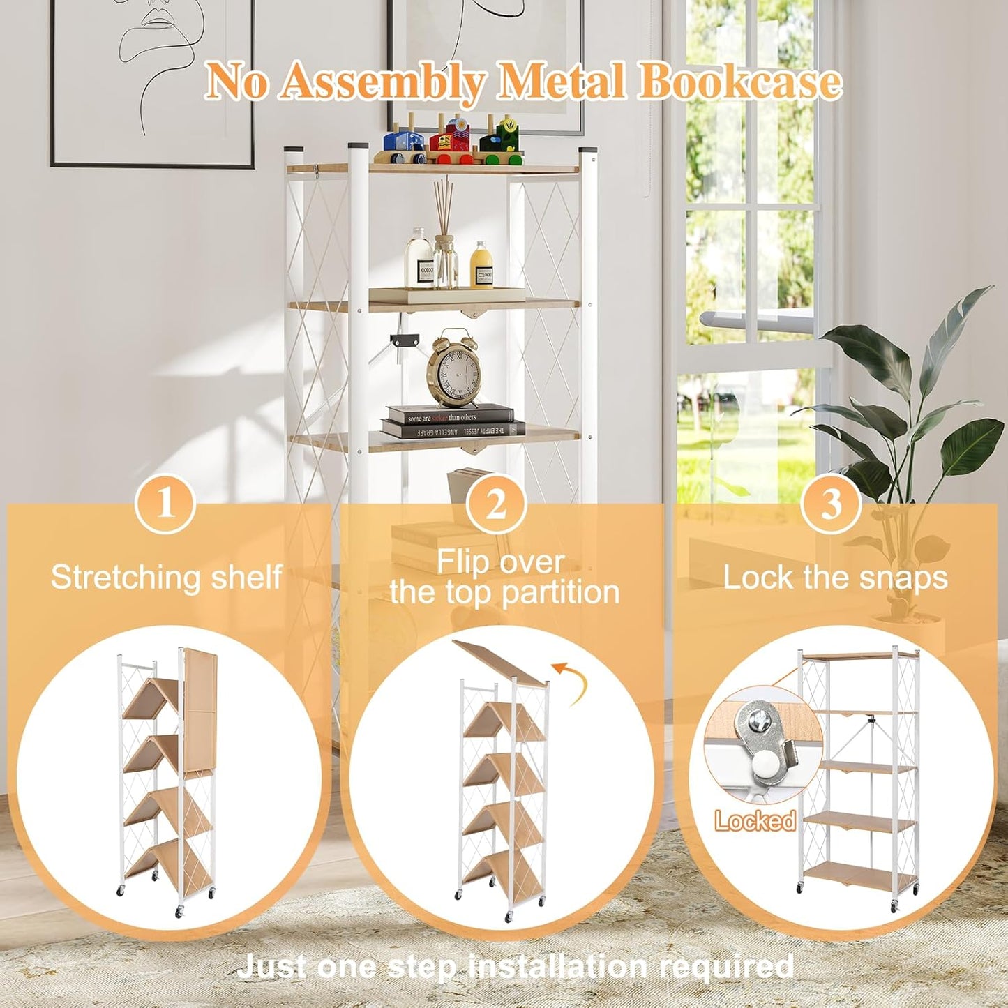 BAOYOUNI 5-Tier Vintage Industrial Bookshelf - No Assembly Folding Storage Shelf with Woodgrain Finish | Collapsible Metal Bookcase for Living Room, Office & Bedroom