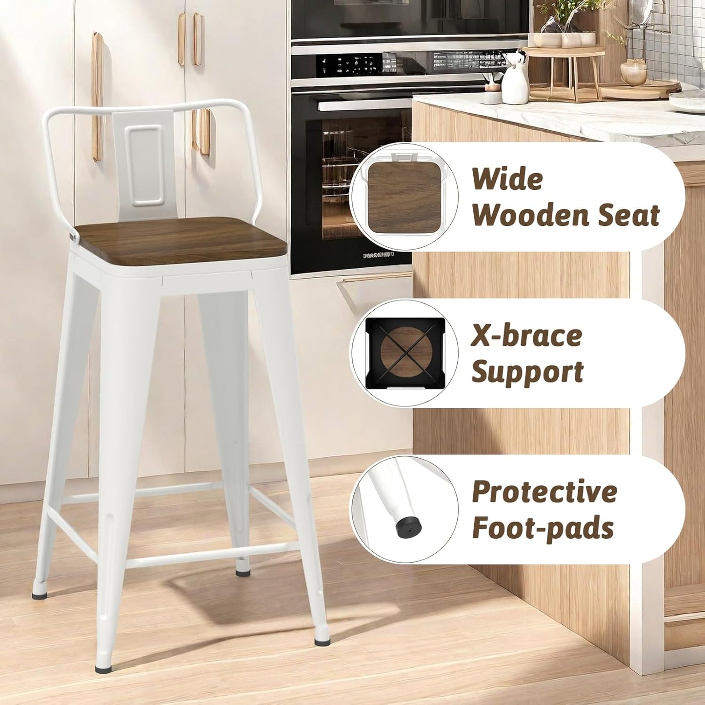 26 Inch Swivel Bar Stools Set of 4, Counter Height Bar Stools with Low Back, Metal Industrial Bar Chairs for Kitchen Island (White)