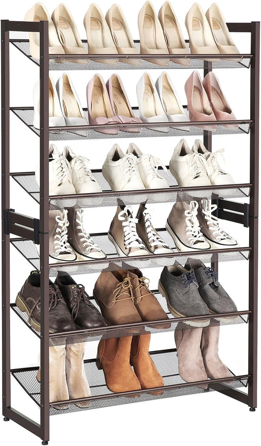 SONGMICS Shoe Rack, 6-Tier Shoe Organizer, Metal Rack for Garage, Set of 2, 3-Tier Stackable Shelf, with Adjustable Flat or Angled Shelves, 18-24 Pairs, Bronze ULMR03A-2